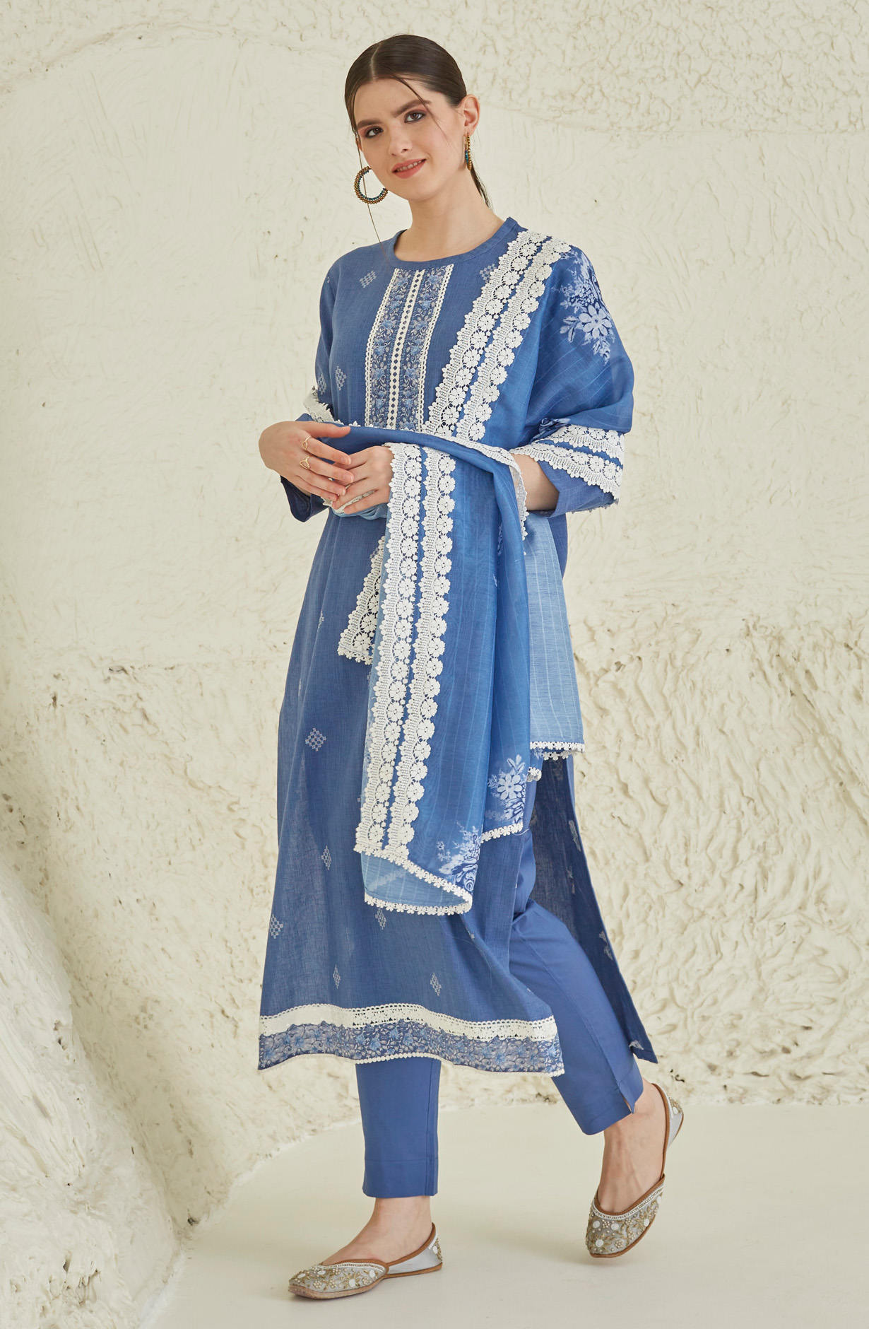 Blue Cotton Beautiful Lace Work Salwar Kameez with Dupatta - TUL1902A
