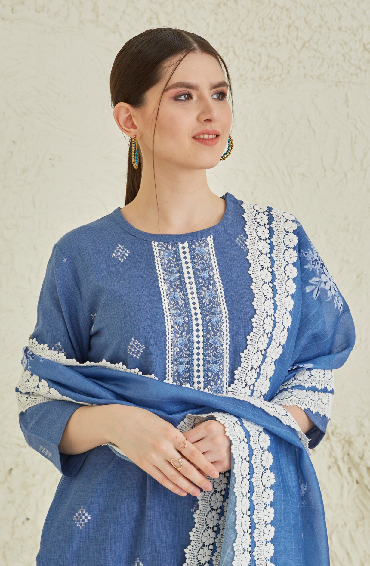 Blue Cotton Beautiful Lace Work Salwar Kameez with Dupatta - TUL1902A