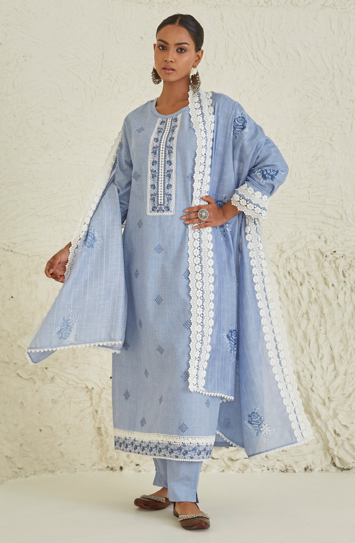 Pastel Blue Cotton Beautiful Lace Work Salwar Kameez with Dupatta - TUL1902B