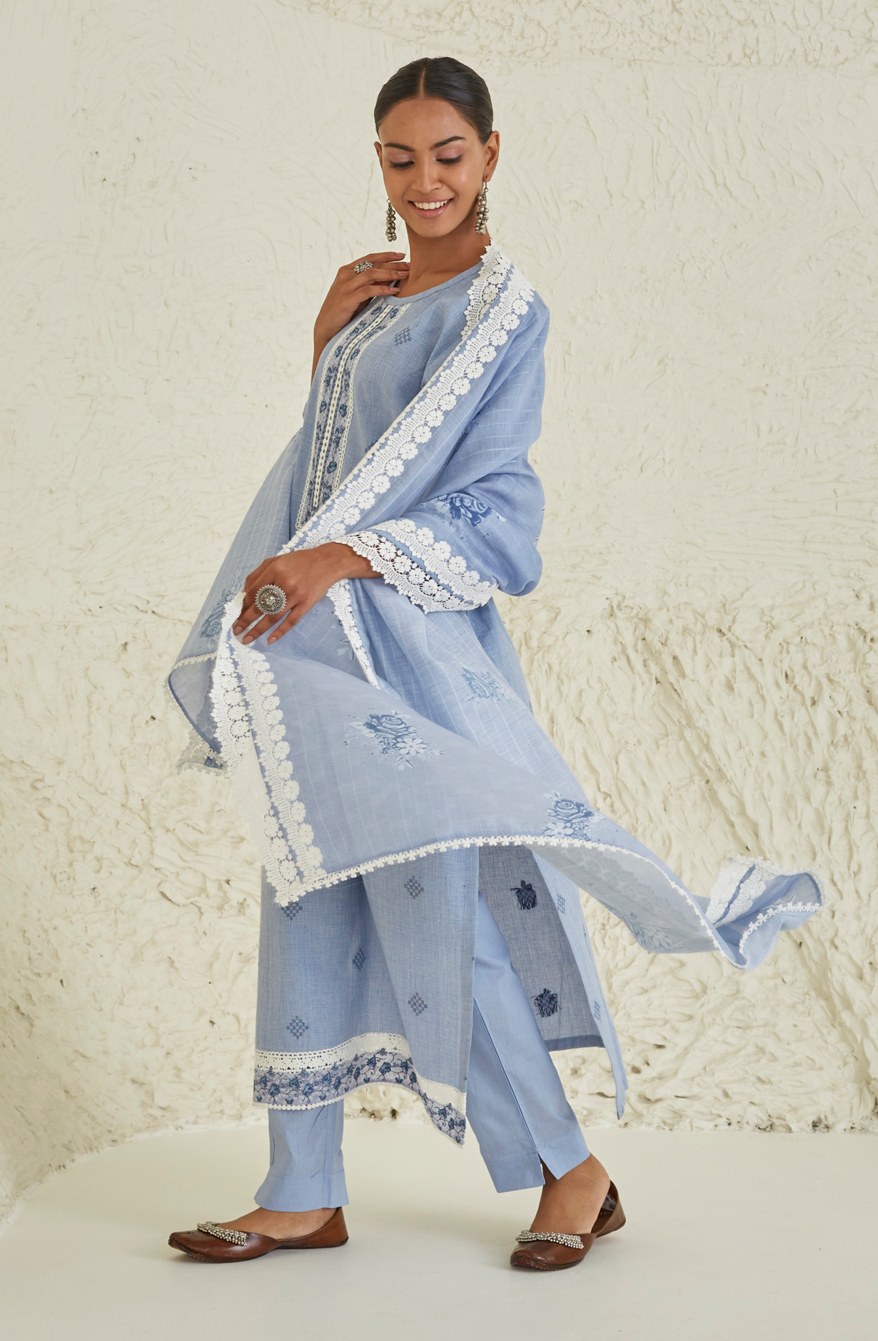 Pastel Blue Cotton Beautiful Lace Work Salwar Kameez with Dupatta - TUL1902B
