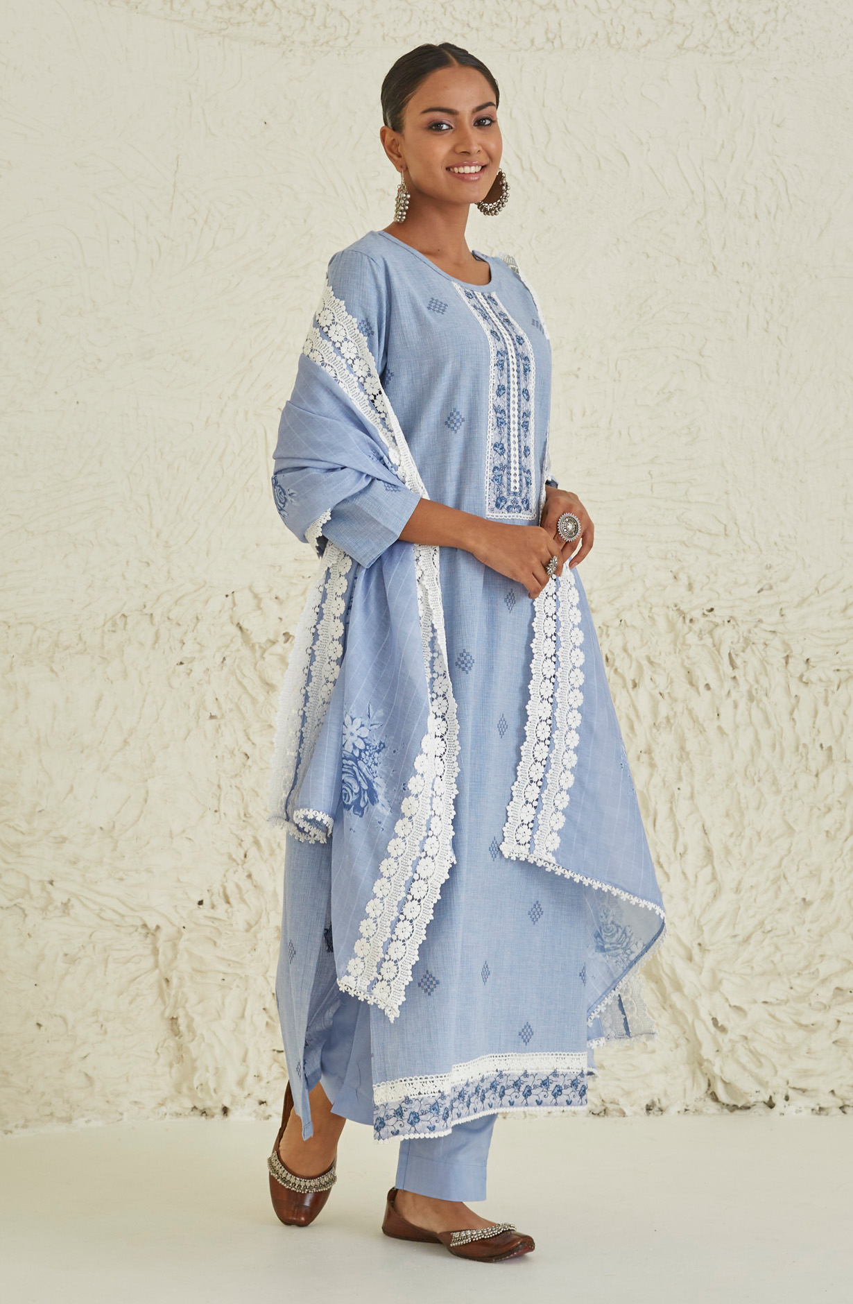 Pastel Blue Cotton Beautiful Lace Work Salwar Kameez with Dupatta - TUL1902B
