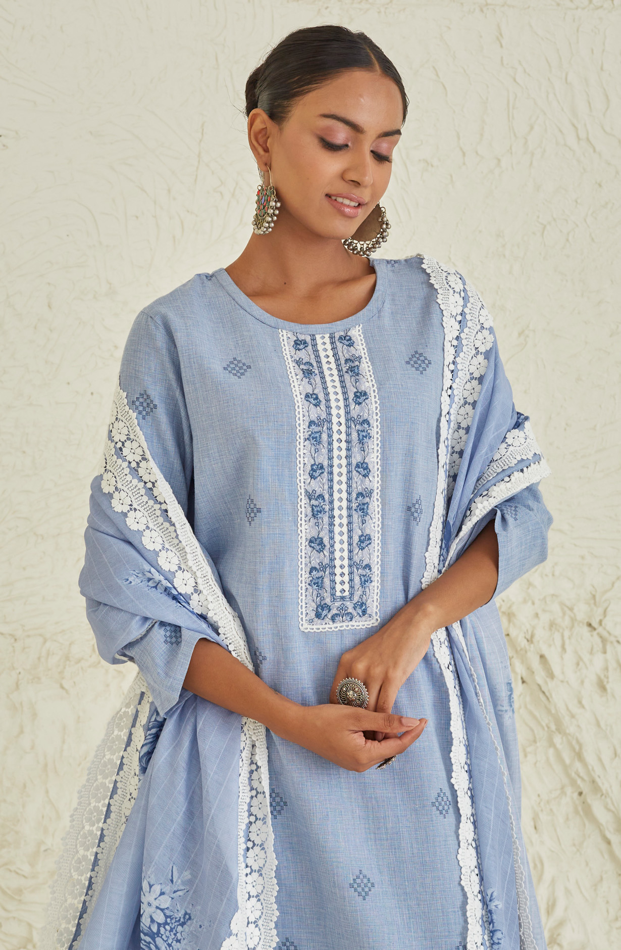 Pastel Blue Cotton Beautiful Lace Work Salwar Kameez with Dupatta - TUL1902B