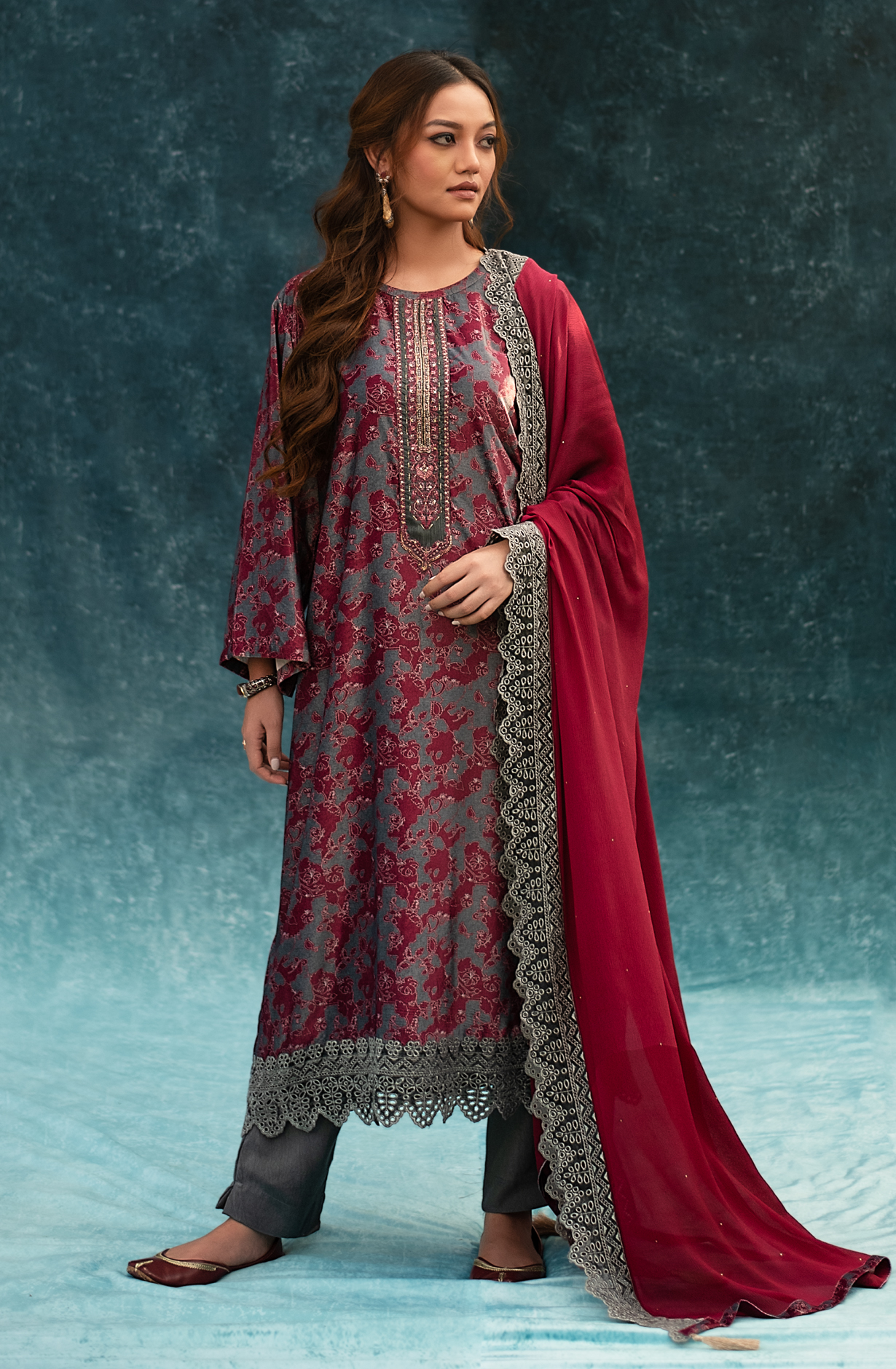 Grey Beautiful Velvet Unstitched Salwar Kameez - TUS1600C