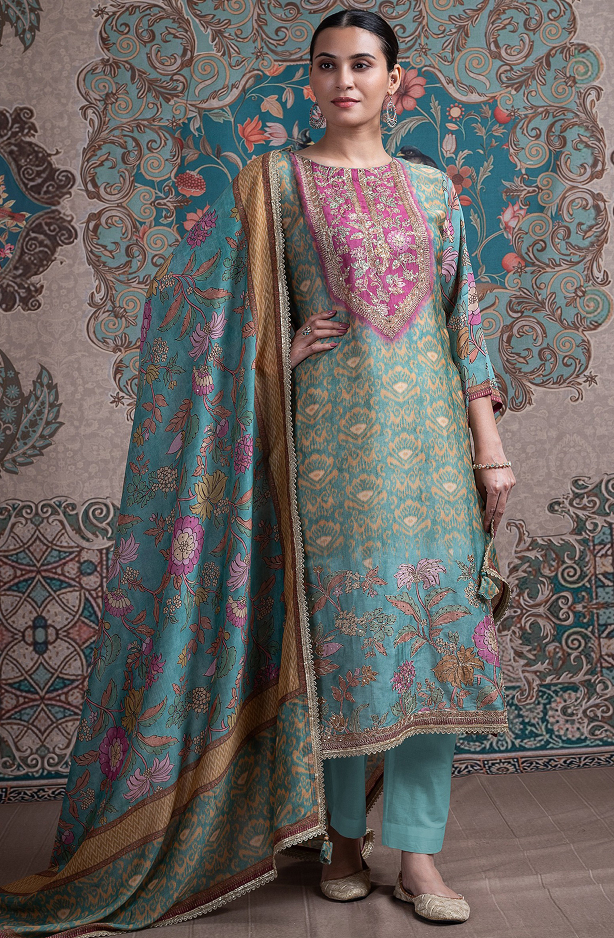Firozi Silk Printed Suit with Dupatta - R157-SPR2395