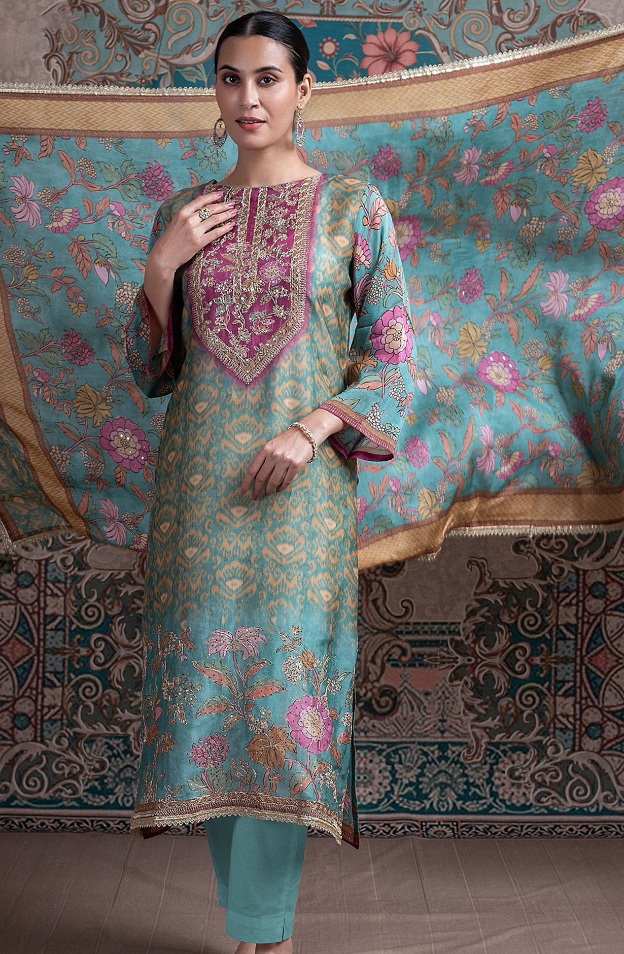 Firozi Silk Printed Suit with Dupatta - R157-SPR2395