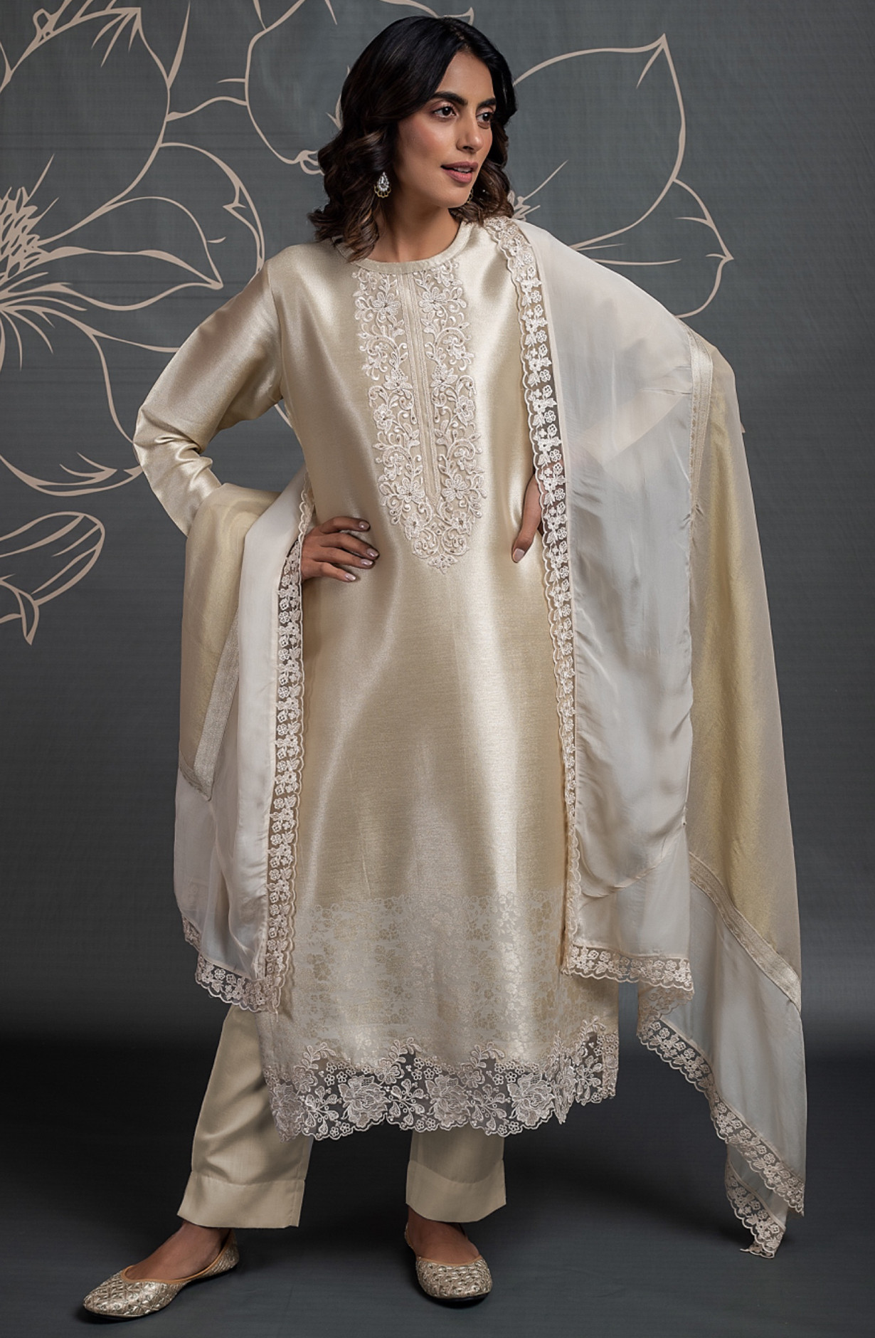 Pure Silk Jacquard Suit Set with Organza and Tissue Dupatta - UME2397