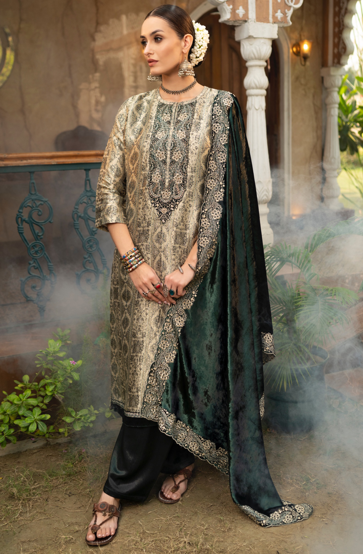 Pure Silk Beautiful Jacquard Digital Printed Suit with Velvet Dupatta- UNJ2311B