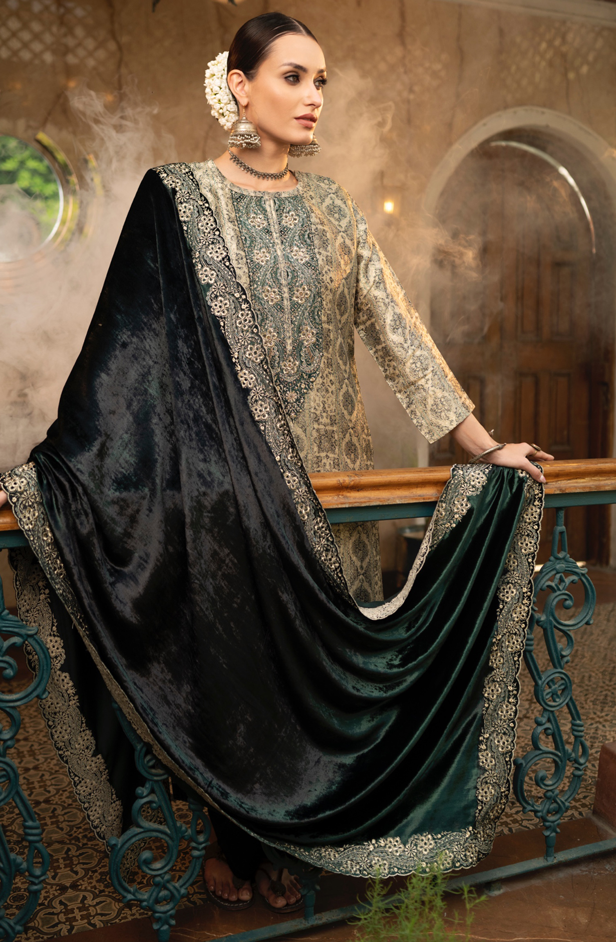Pure Silk Beautiful Jacquard Digital Printed Suit with Velvet Dupatta- UNJ2311B