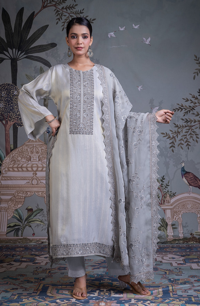 Image of Grey Silk Jacquard Unstitched Suit Set with Dupatta - R157-SPR2766