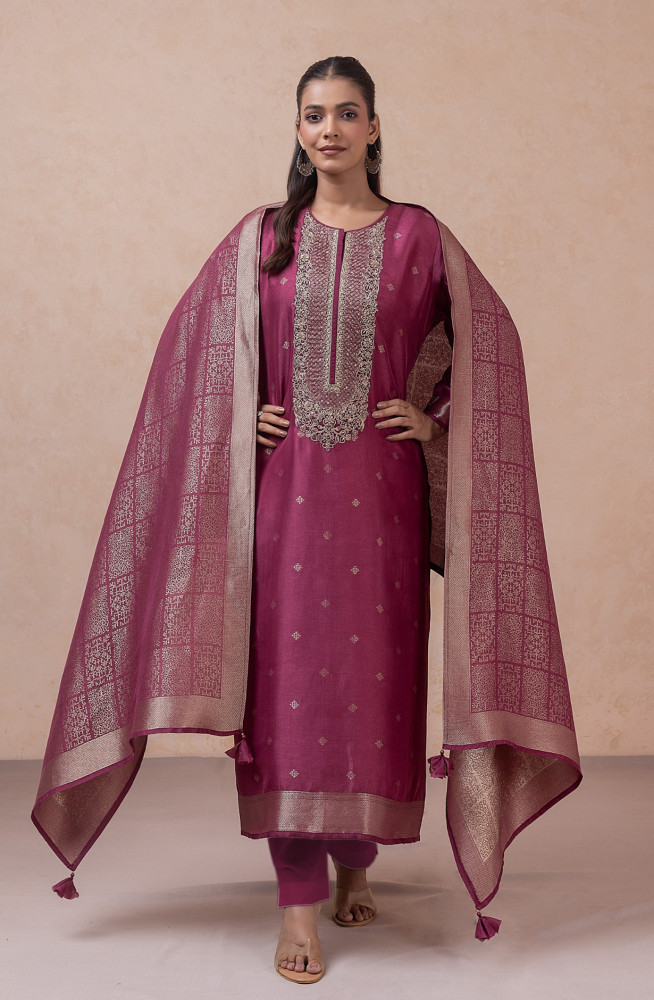 Image of Purple Silk jacquard Unstitched Suit Set with Beautiful Dupatta - R157-SPR2792