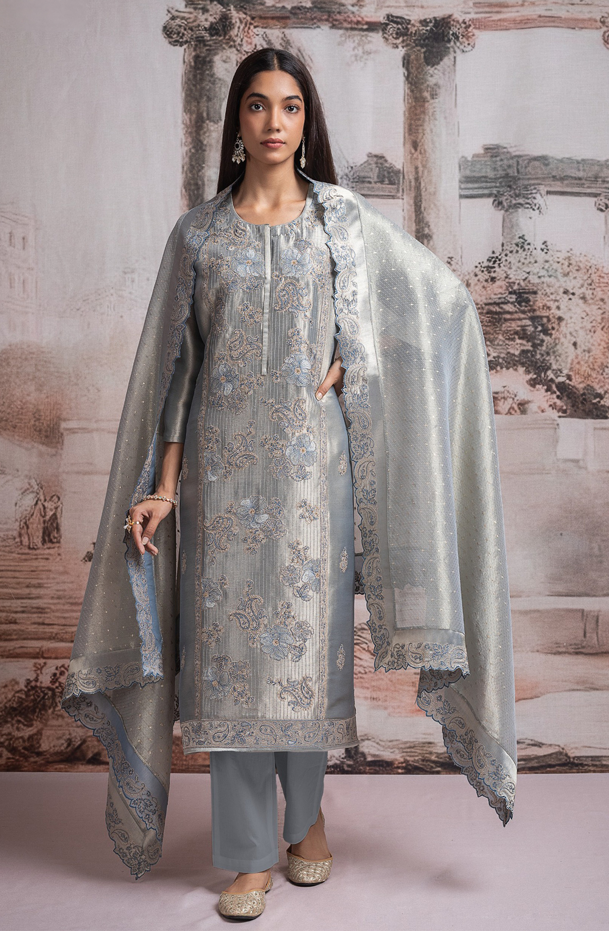 Grey  Ziraf silk Unstitched Suit with Beautiful Silk Tissue Dupatta- R157-SPR2470
