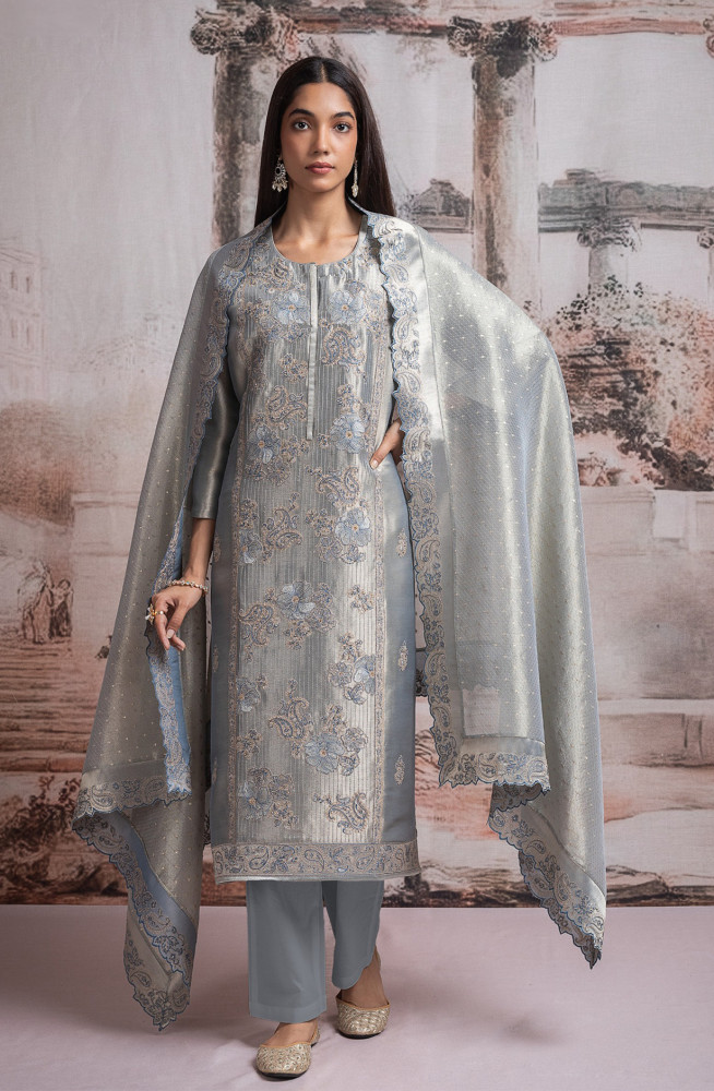 Image of Grey  Ziraf silk Unstitched Suit with Beautiful Silk Tissue Dupatta- R157-SPR2470
