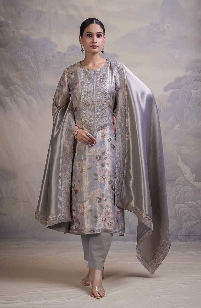 Image of Grey Silk Jacquard Unstitched Suit with Beautiful Ziraf Silk Dupatta- R157-SPR2865