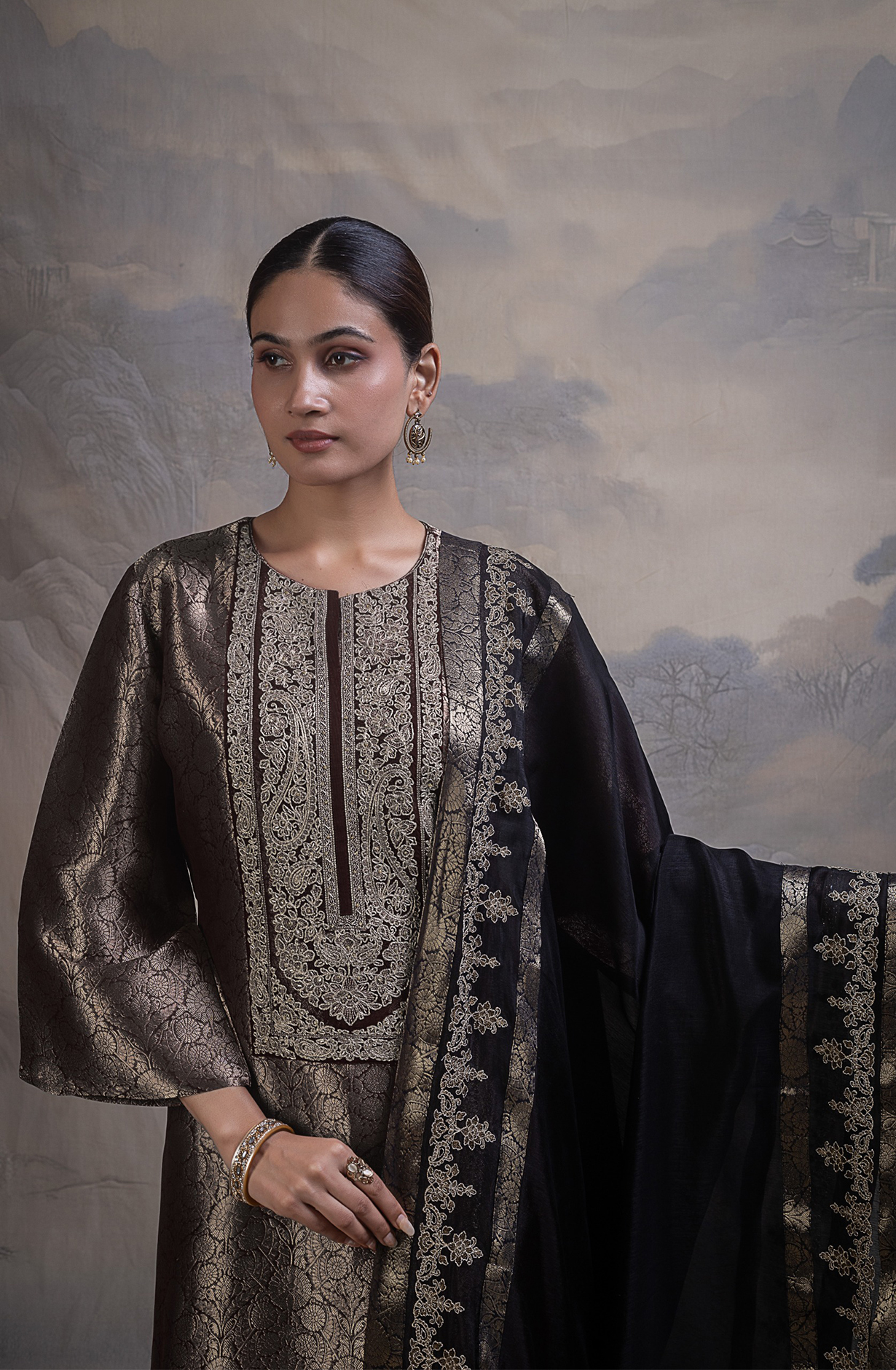 Black Ziraf Silk Jacquard Unstitched Suit with Beautiful Silk Dupatta- R157-SPR2794A