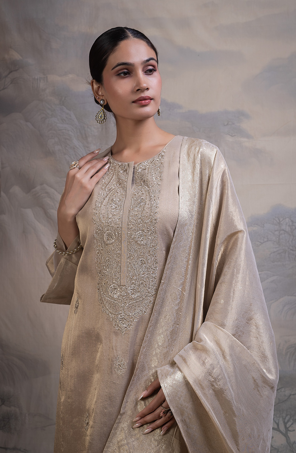 Beige Tissue Silk Jacquard Unstitched Suit with Beautiful Silk Dupatta- R157-SPR2856A