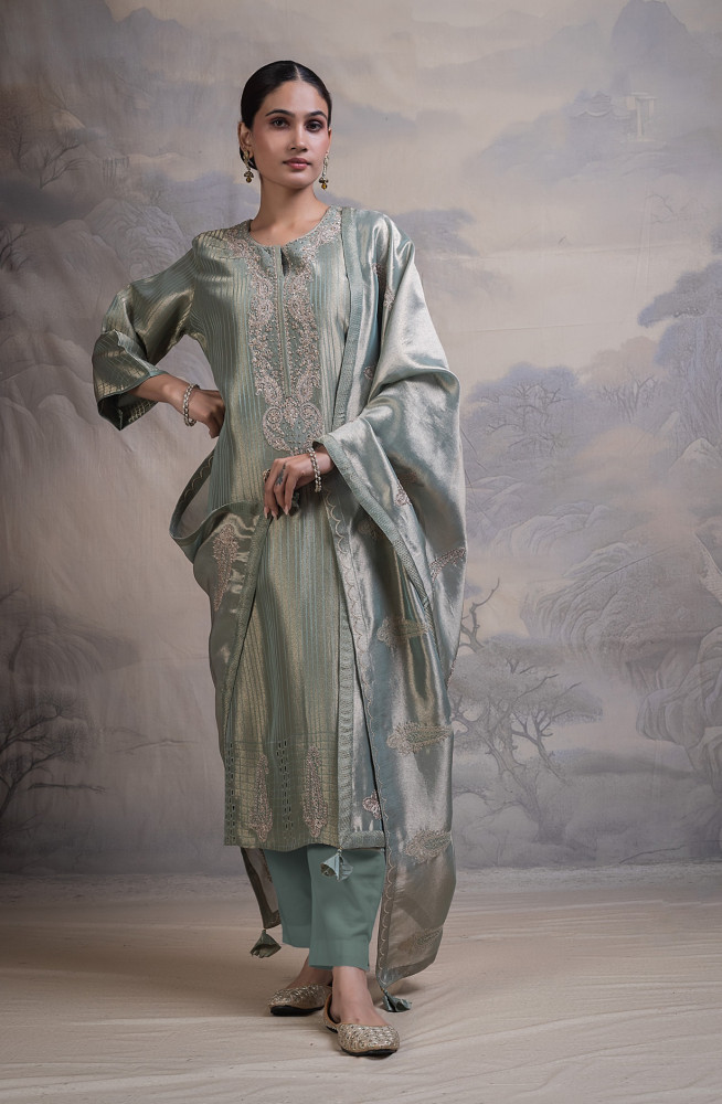 Image of Green Ziraf silk jacquard Unstitched Suit with Beautiful  Dupatta- R157-SPR2769