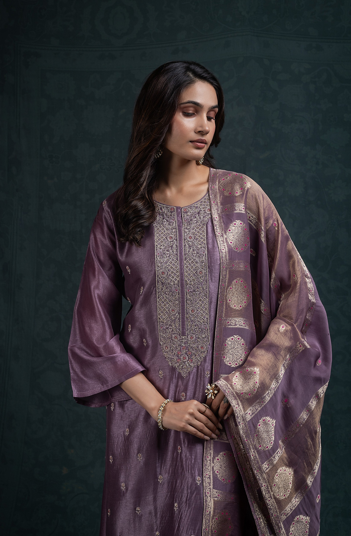 Mauve Fine Silk Unstitched Suit with Beautiful Dupatta- R157-SPR2789