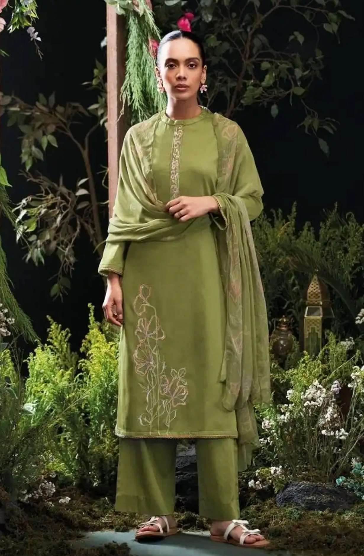Green Premium Cotton Satin Unstitched Suit Set with Dupatta - MOR4745C