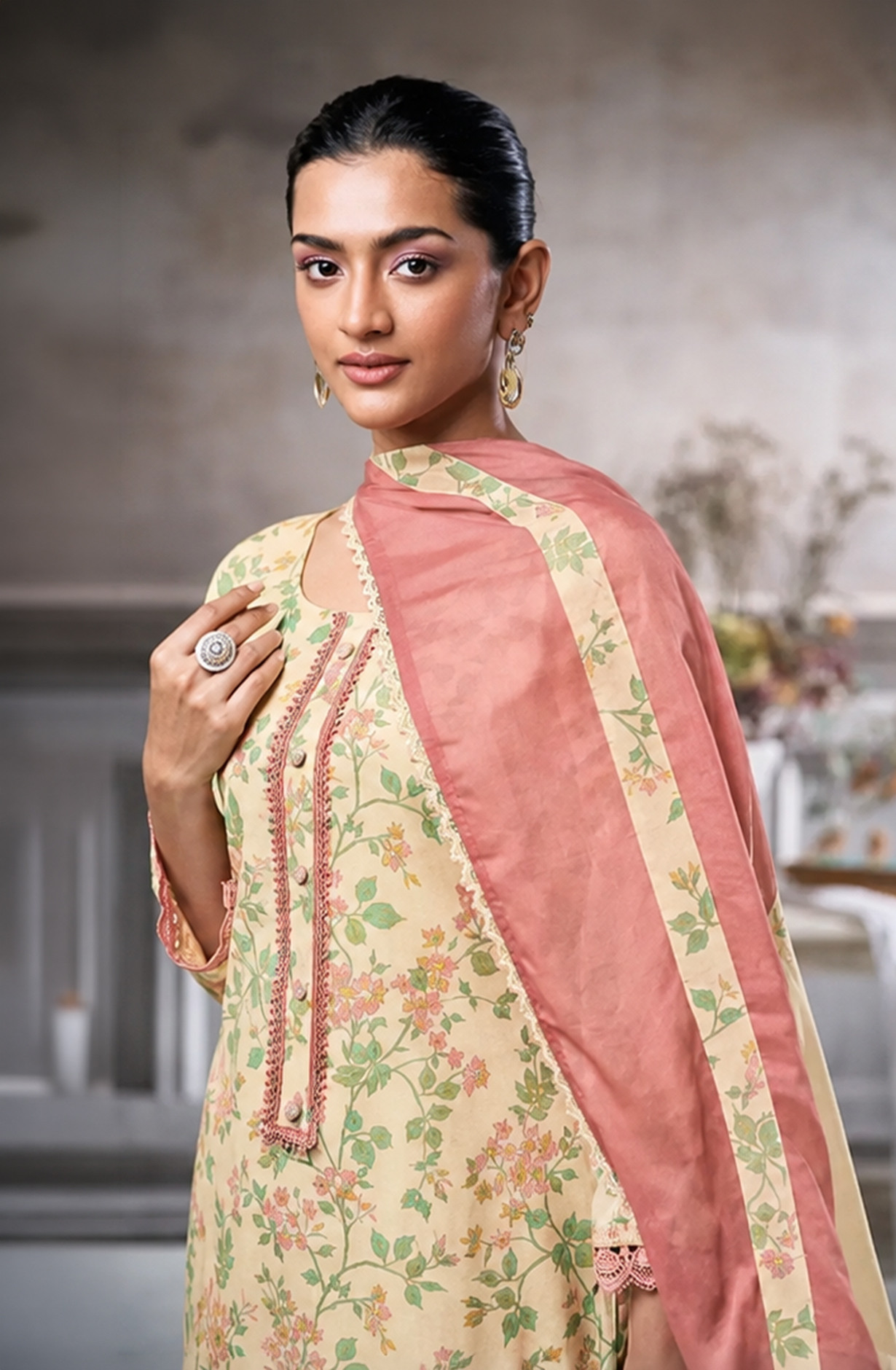 Lemon Cotton Beautiful Unstitched Suit Set with Dupatta - AMO10332