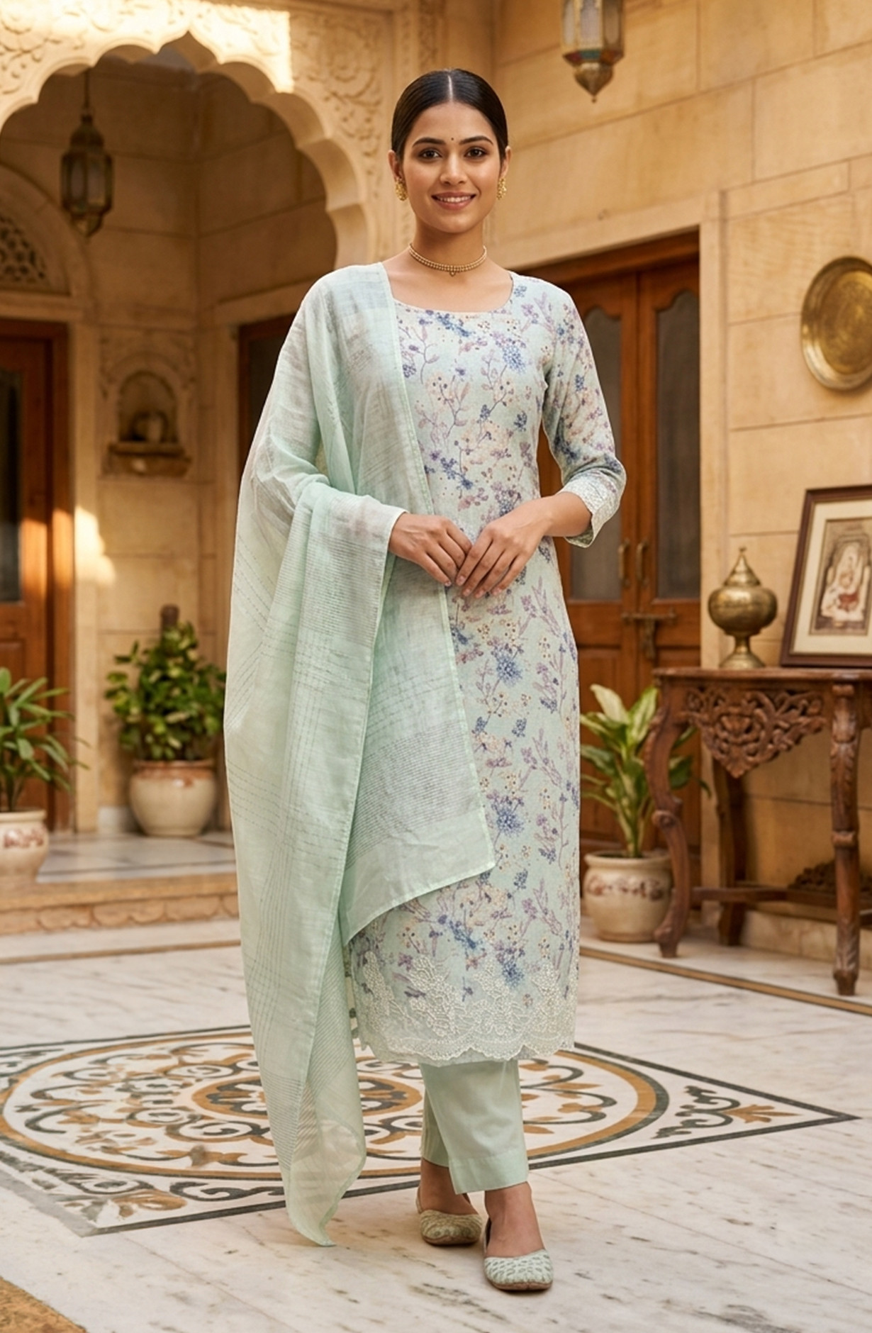 Pista Green Digital Printed Cotton Linen Suit Set with Dupatta - 245-SUMCOT1503-4A