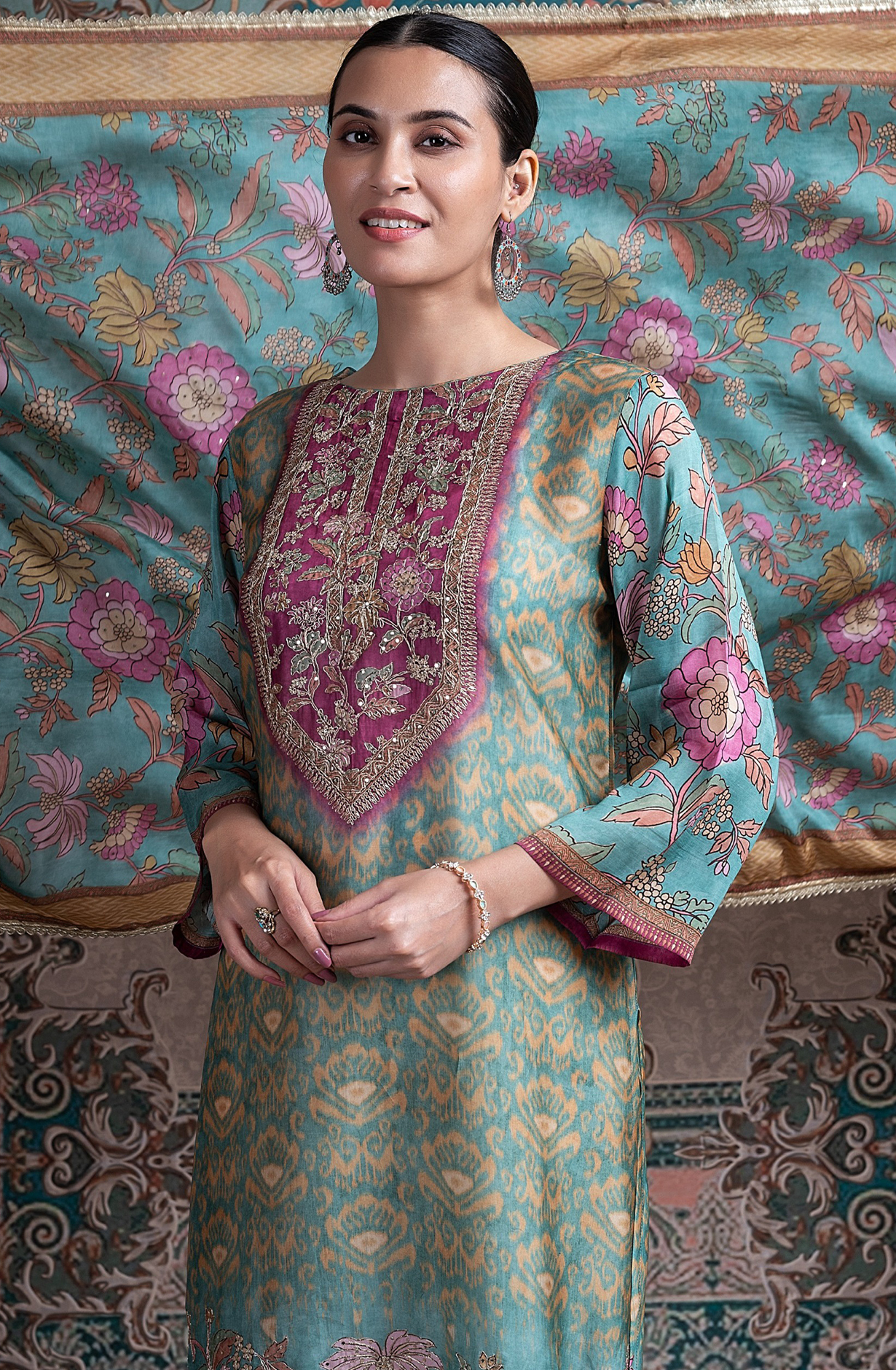 Firozi Silk Printed Suit with Dupatta - R157-SPR2395
