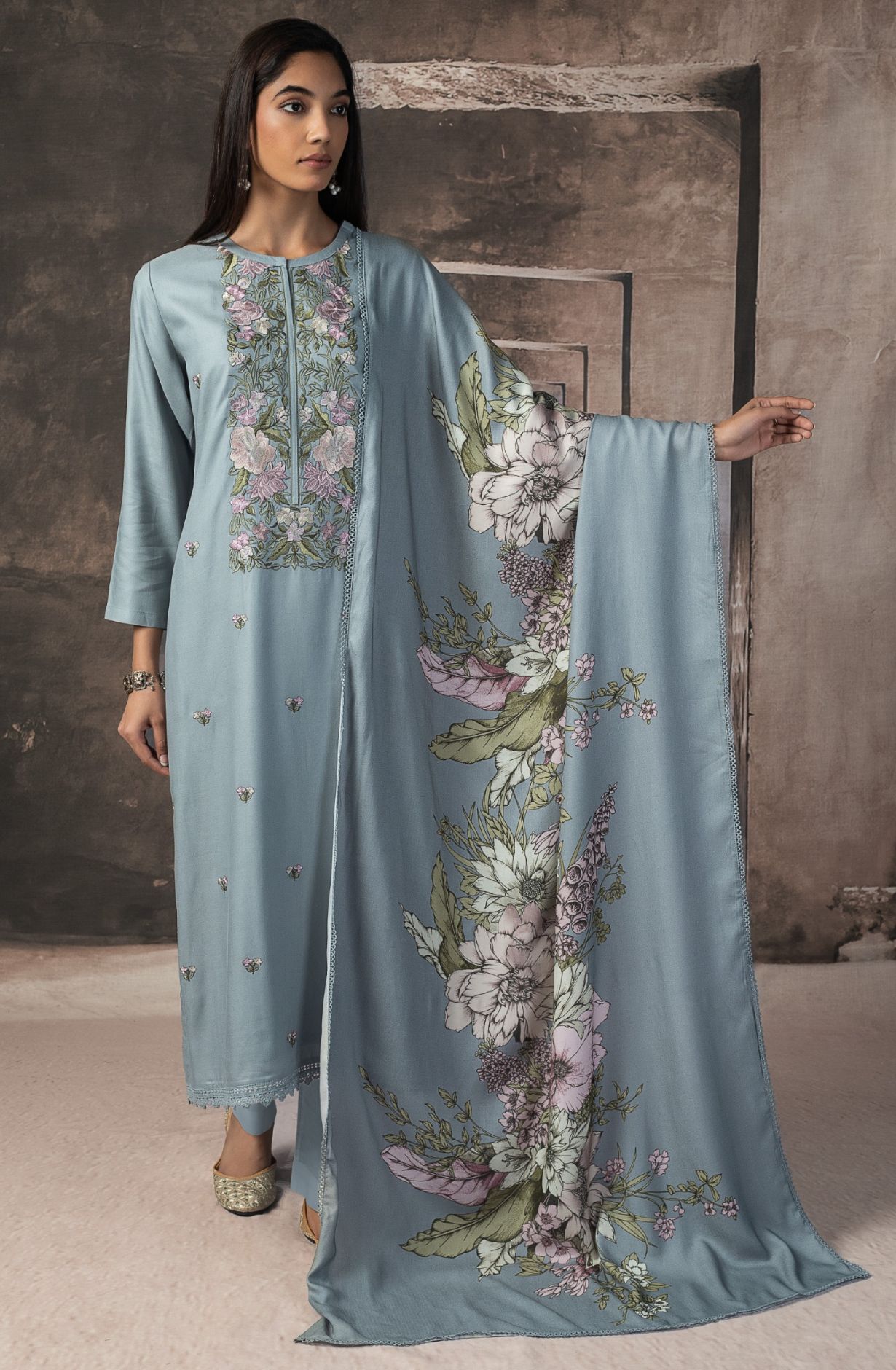 Firozi Pashmina Digital Printed Suit with Pashmina Dupatta - TAS2161B
