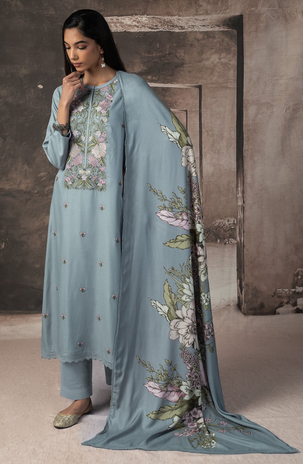 Firozi Pashmina Digital Printed Suit with Pashmina Dupatta - TAS2161B