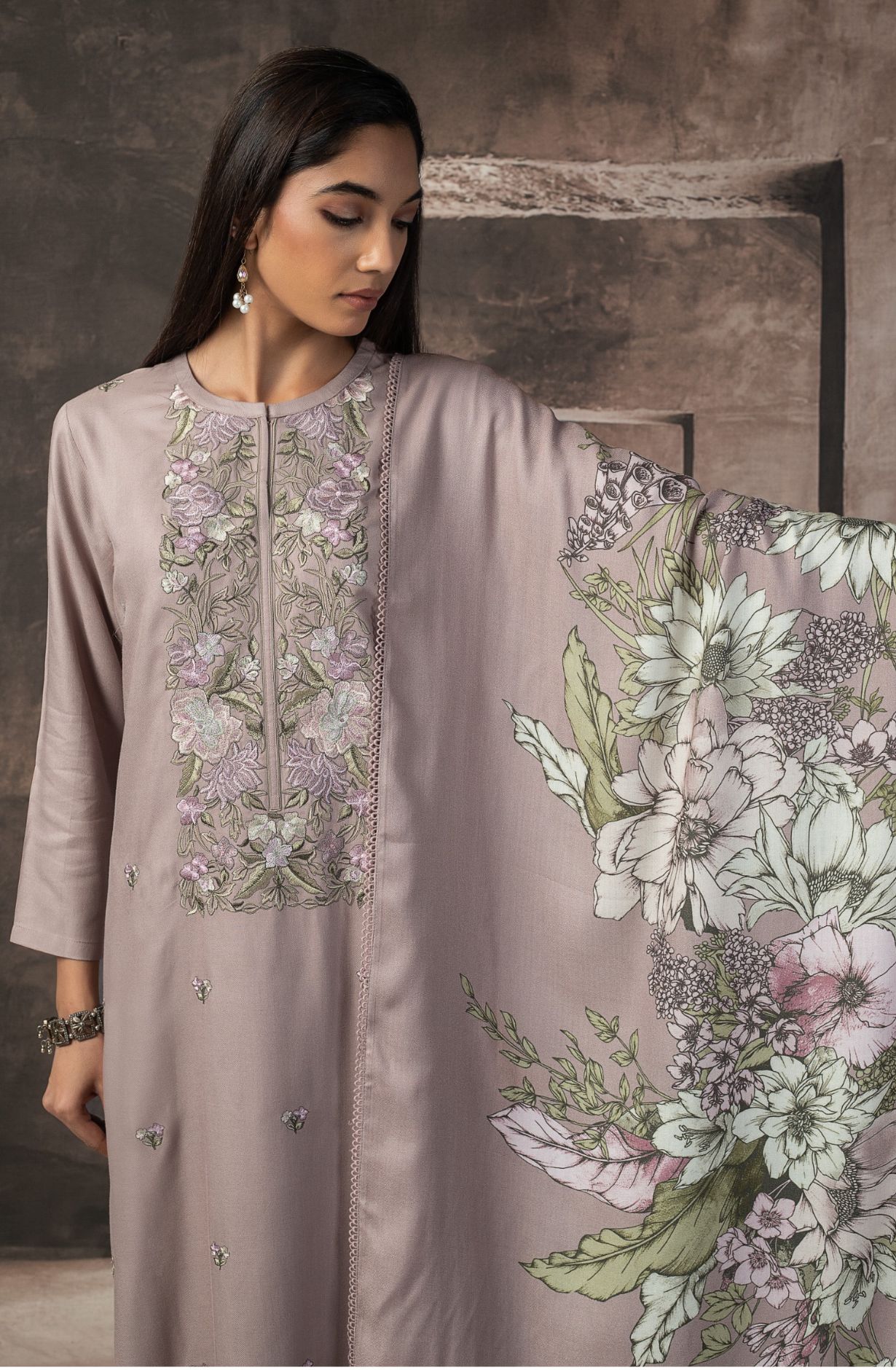 Brown Pashmina Digital Printed Suit with Pashmina Dupatta - TAS2161A