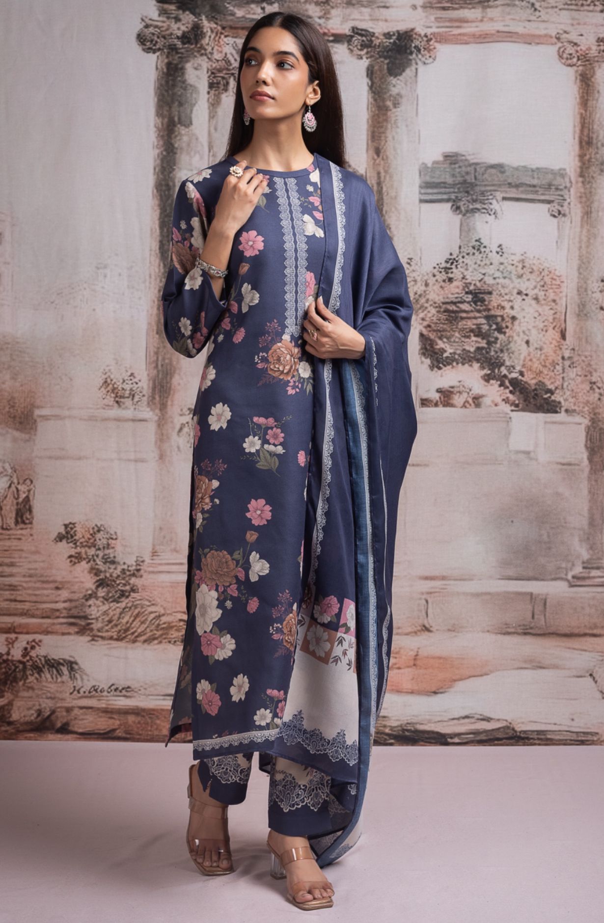 Blue Pashmina Digital Printed Suit with Pashmina Dupatta - TAH2120C