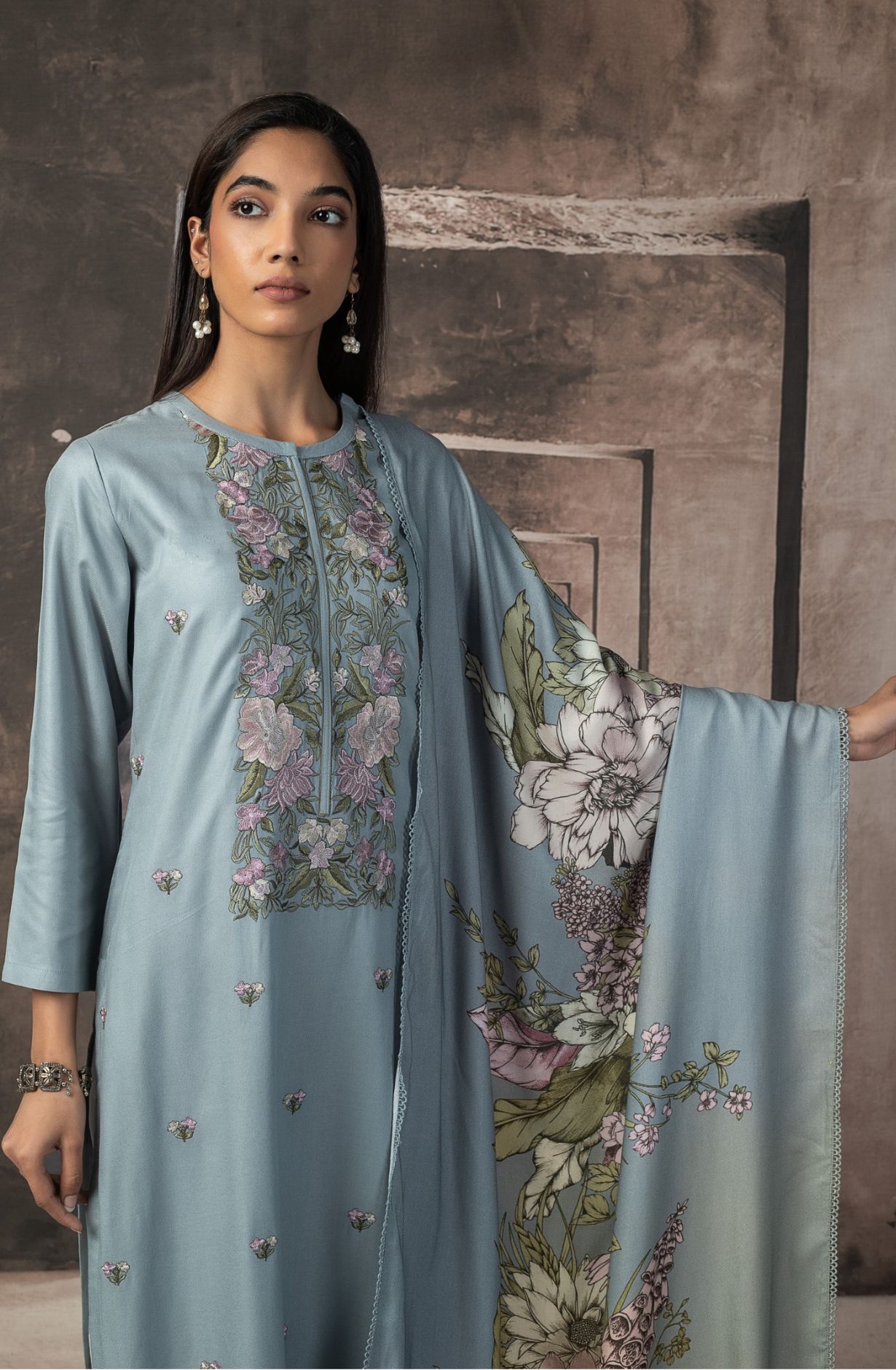 Firozi Pashmina Digital Printed Suit with Pashmina Dupatta - TAS2161B