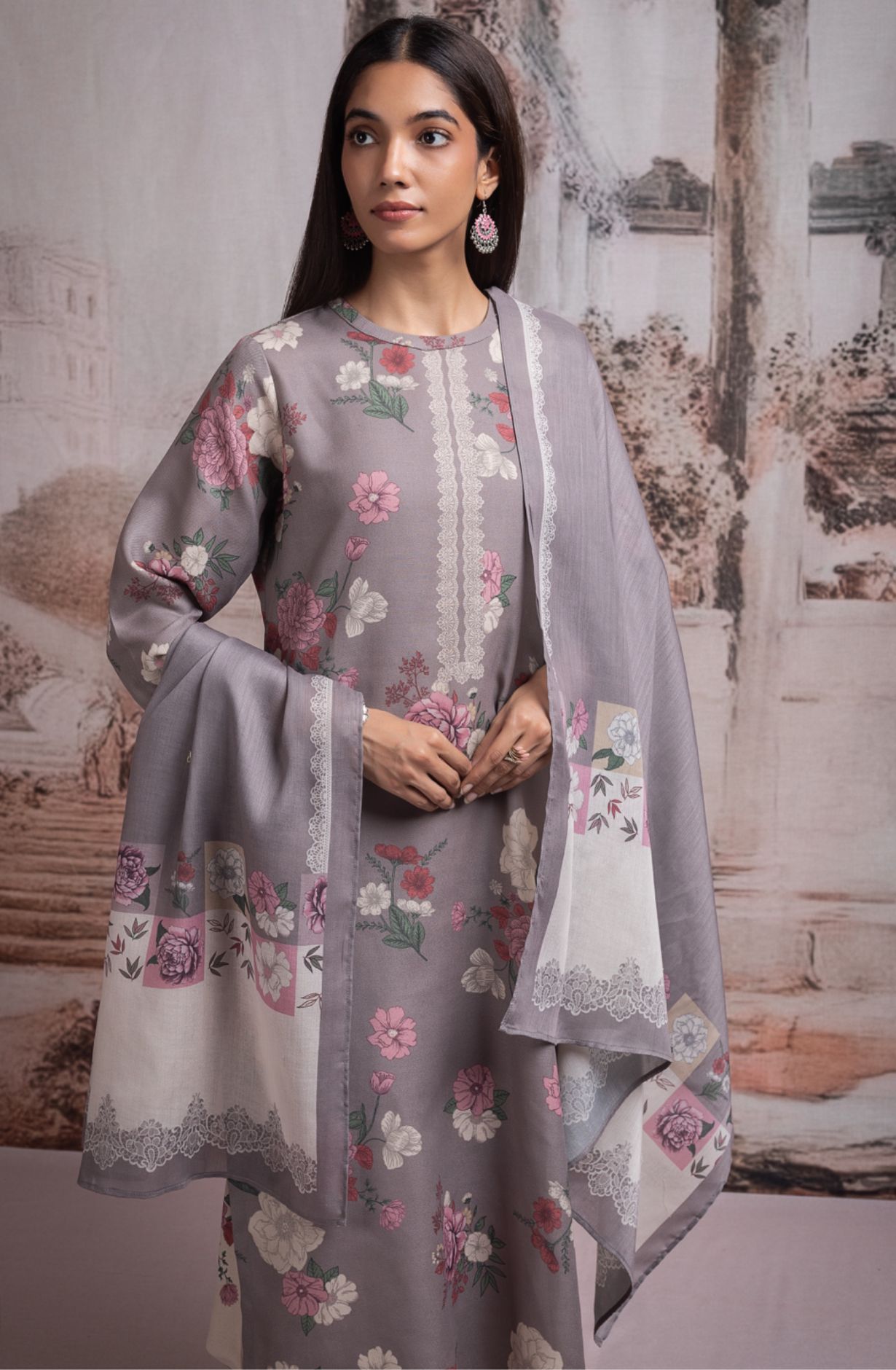 Brown Pashmina Digital Printed Suit with Pashmina Dupatta - TAH2120B
