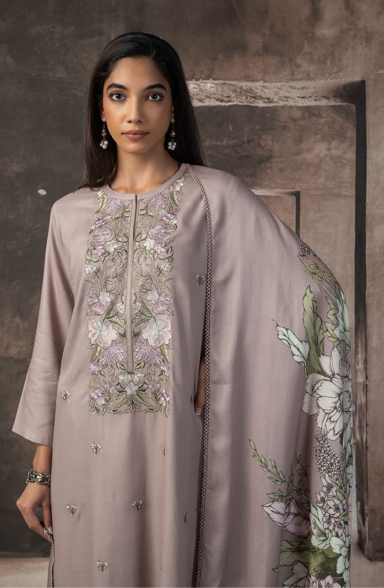 Brown Pashmina Digital Printed Suit with Pashmina Dupatta - TAS2161A