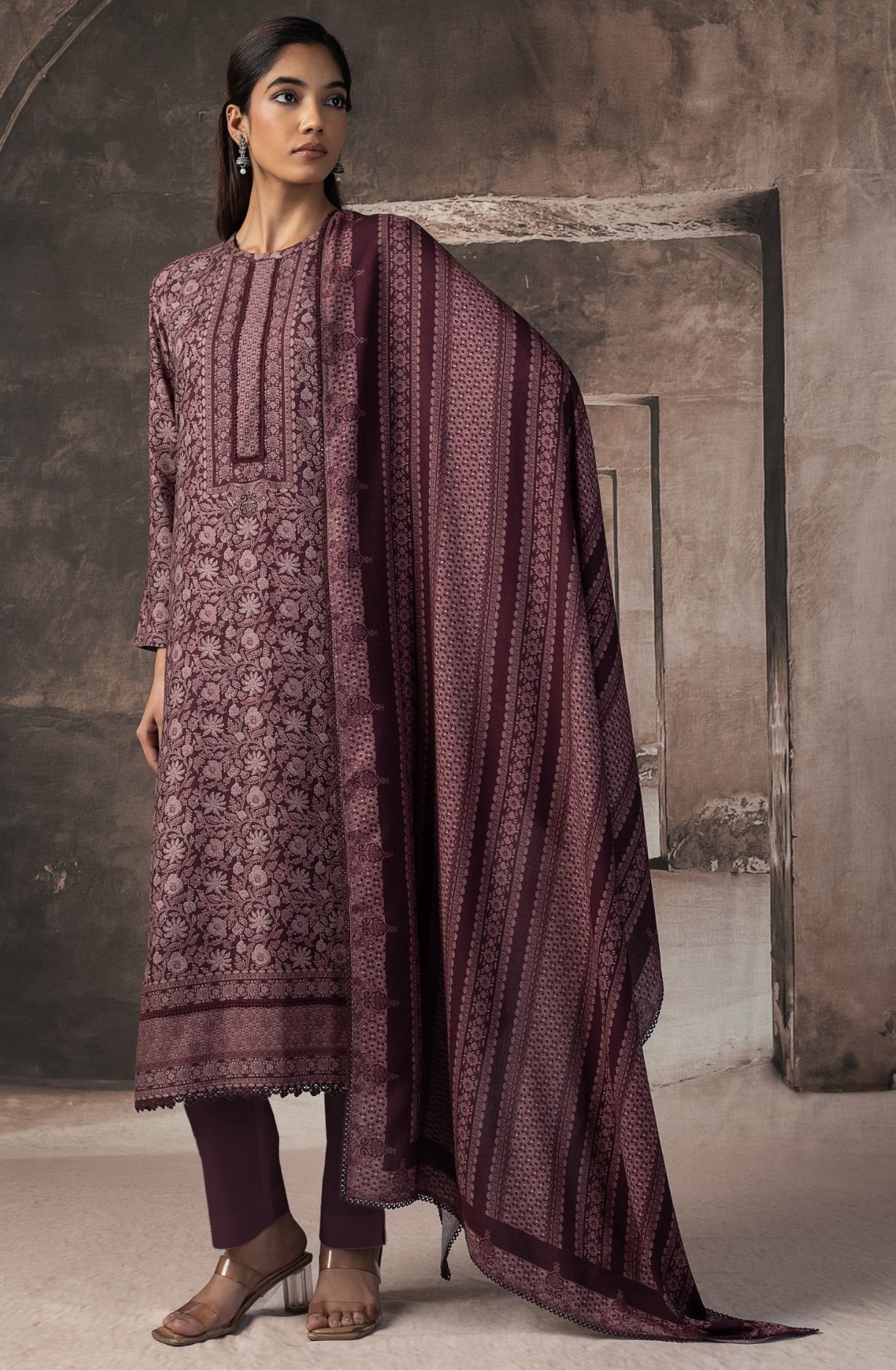 Wine Pashmina Digital Printed Suit with Pashmina Dupatta - GUN2152A