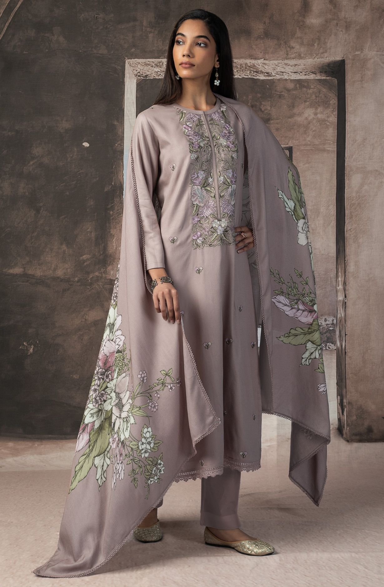 Brown Pashmina Digital Printed Suit with Pashmina Dupatta - TAS2161A