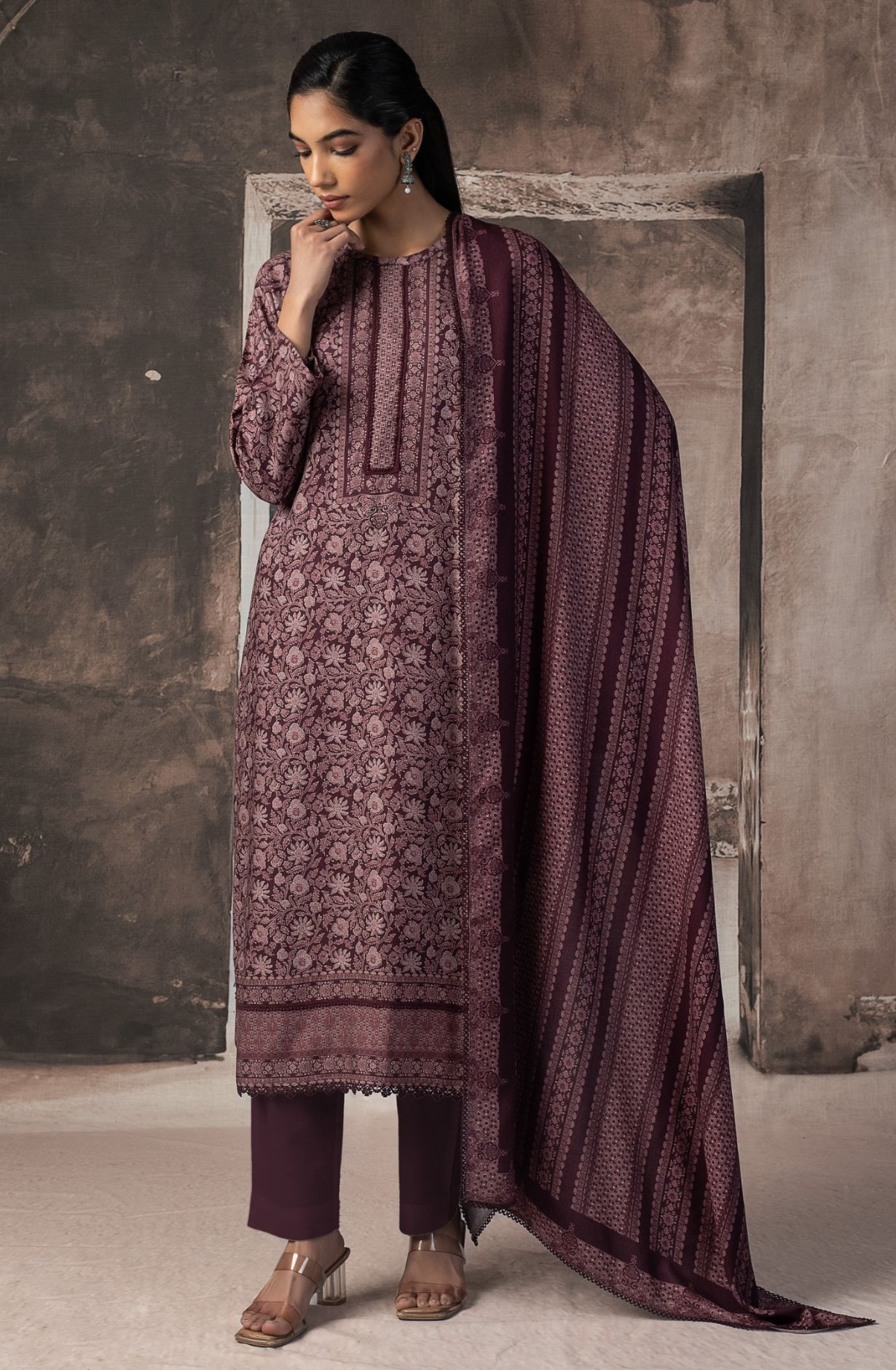 Wine Pashmina Digital Printed Suit with Pashmina Dupatta - GUN2152A