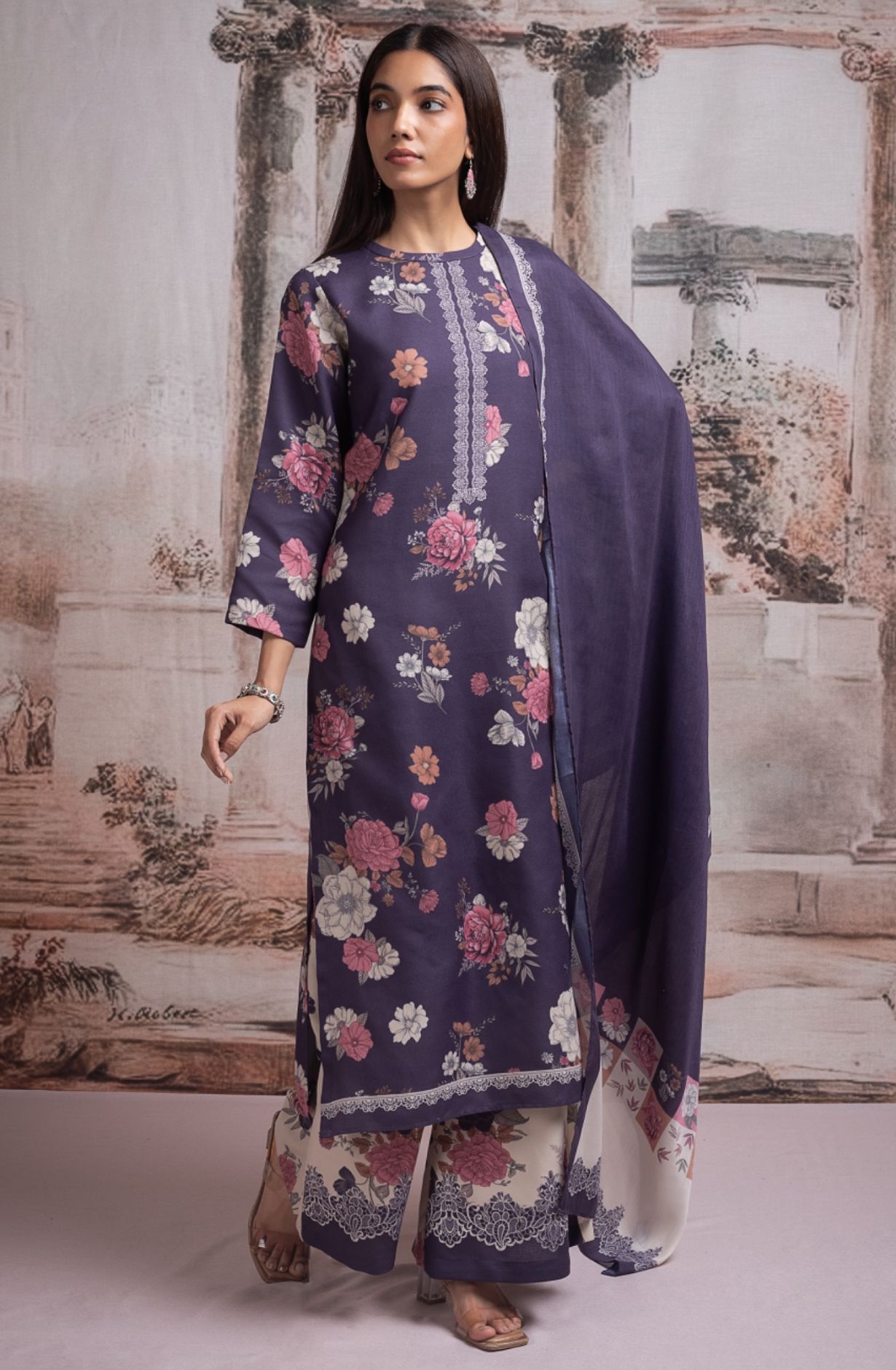 Purple Pashmina Digital Printed Suit with Pashmina Dupatta - TAH2120A