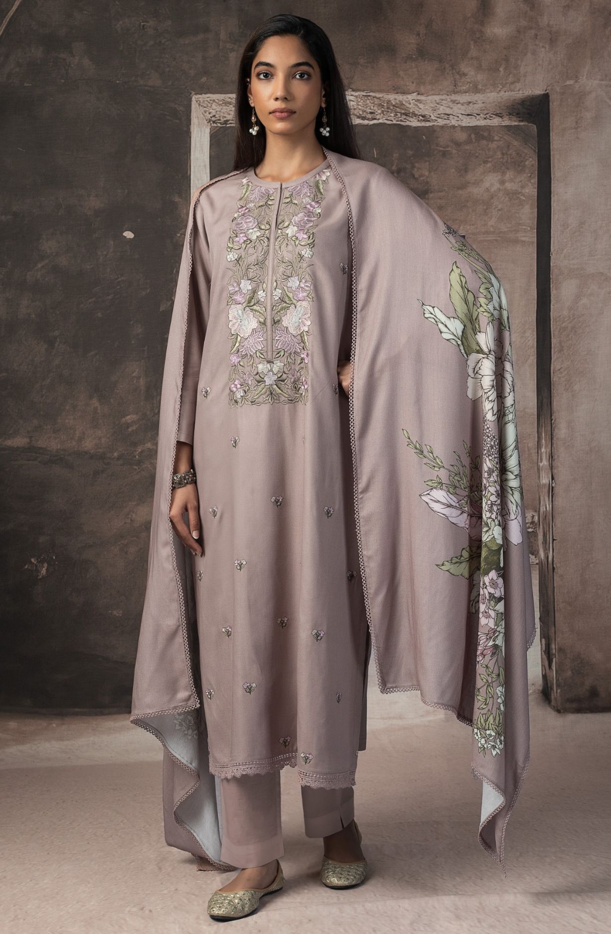 Brown Pashmina Digital Printed Suit with Pashmina Dupatta - TAS2161A