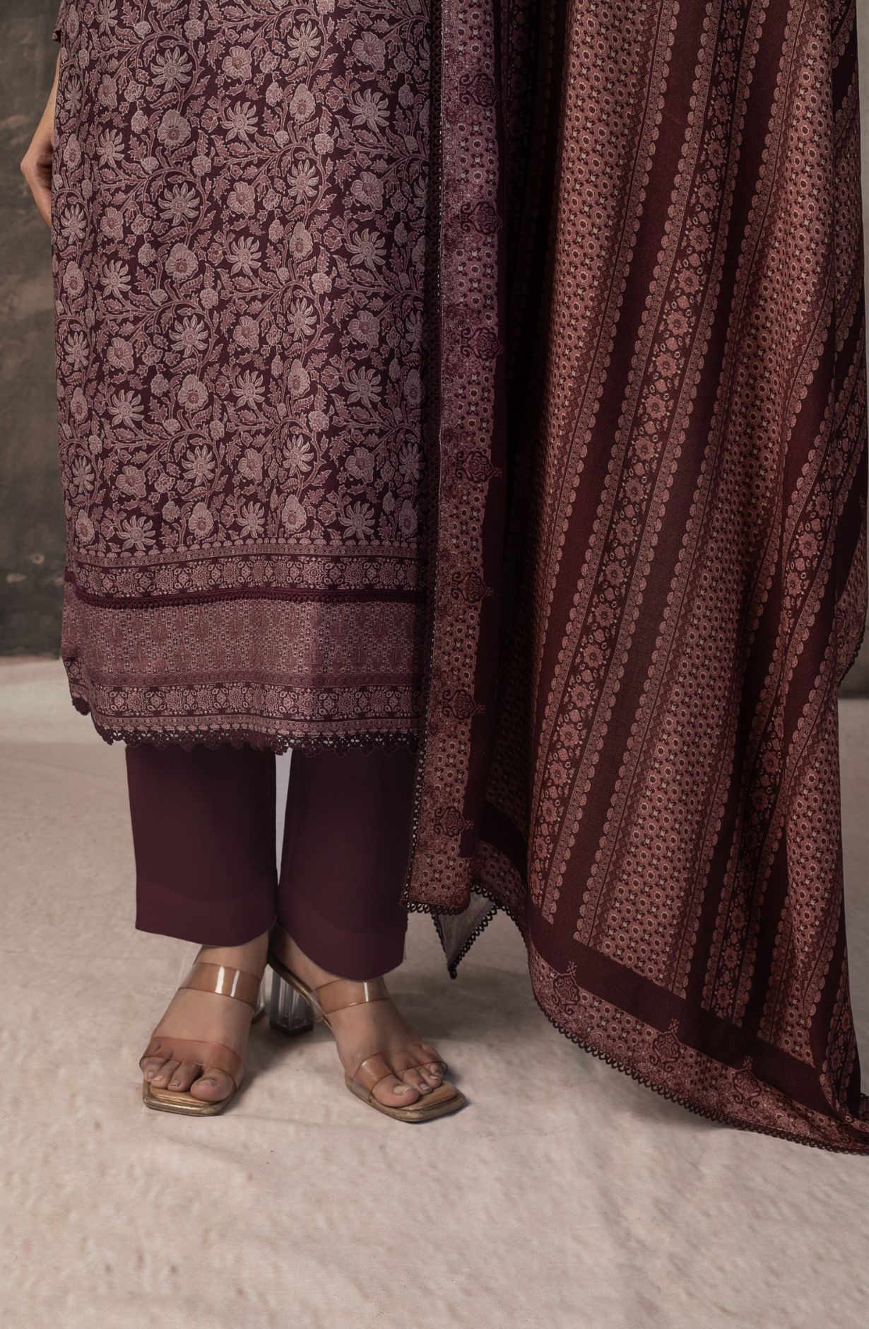 Wine Pashmina Digital Printed Suit with Pashmina Dupatta - GUN2152A