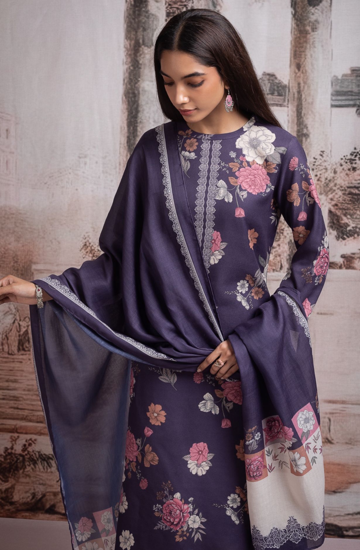 Purple Pashmina Digital Printed Suit with Pashmina Dupatta - TAH2120A
