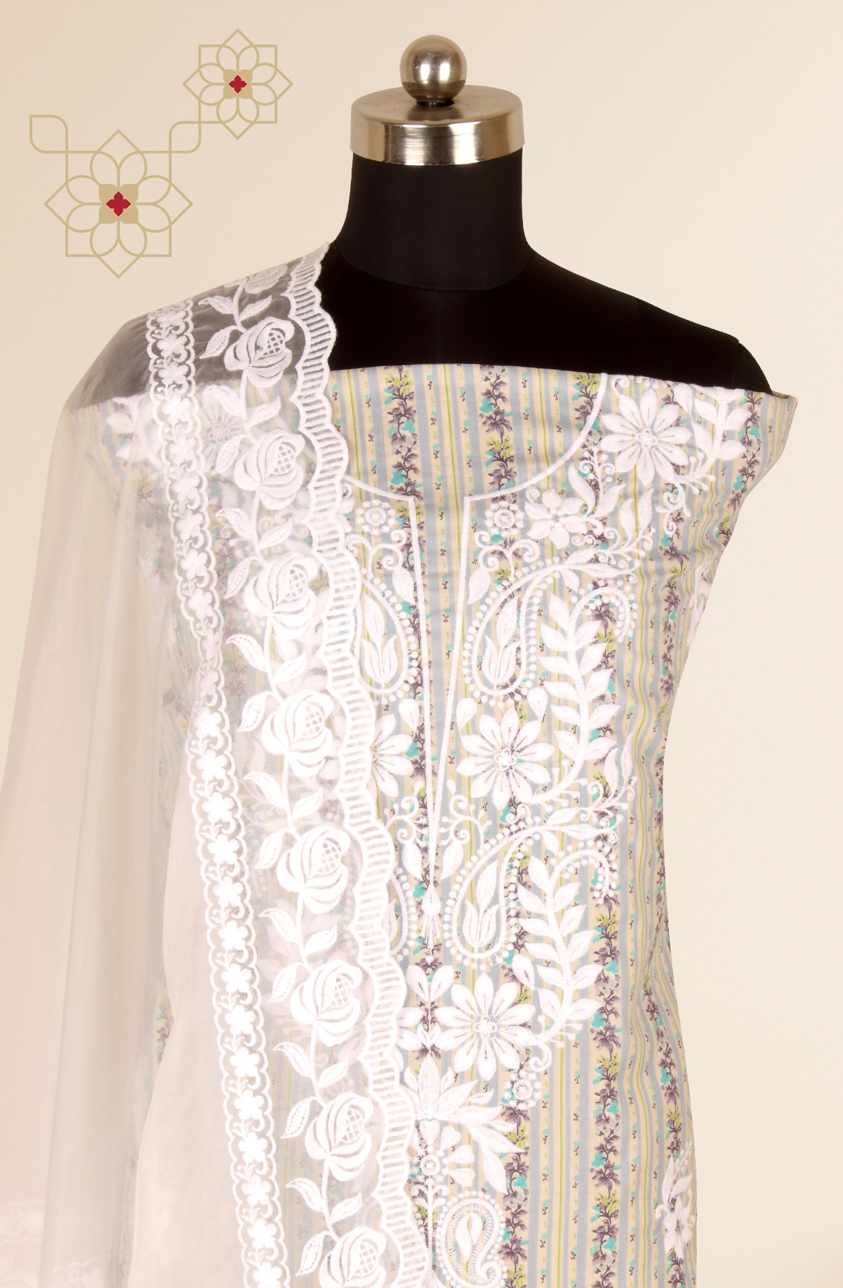 Grey Cotton Beautiful Embroidered Suit with Organza Dupatta - USPMUS1001