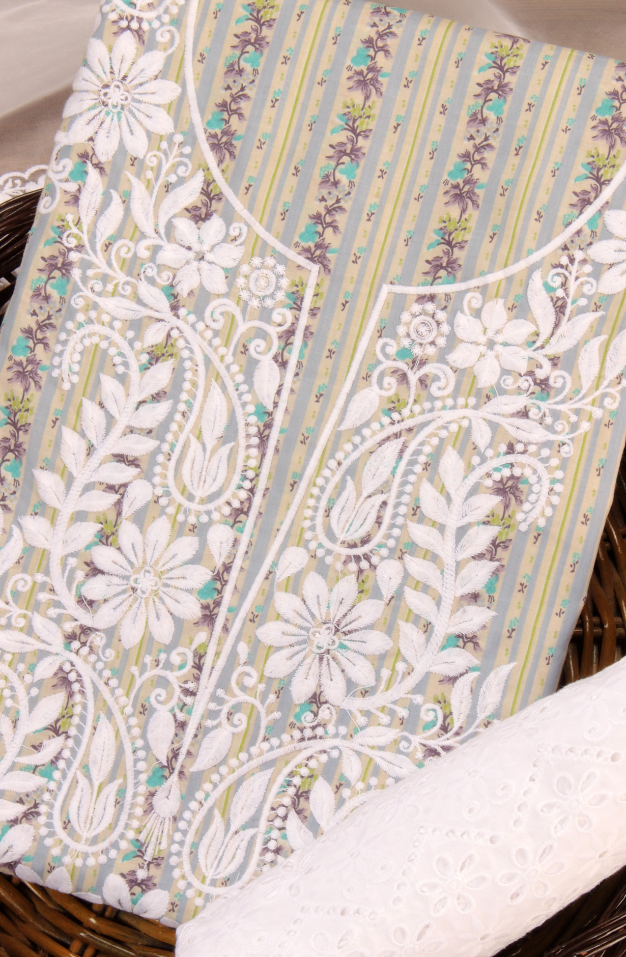 Grey Cotton Beautiful Embroidered Suit with Organza Dupatta - USPMUS1001