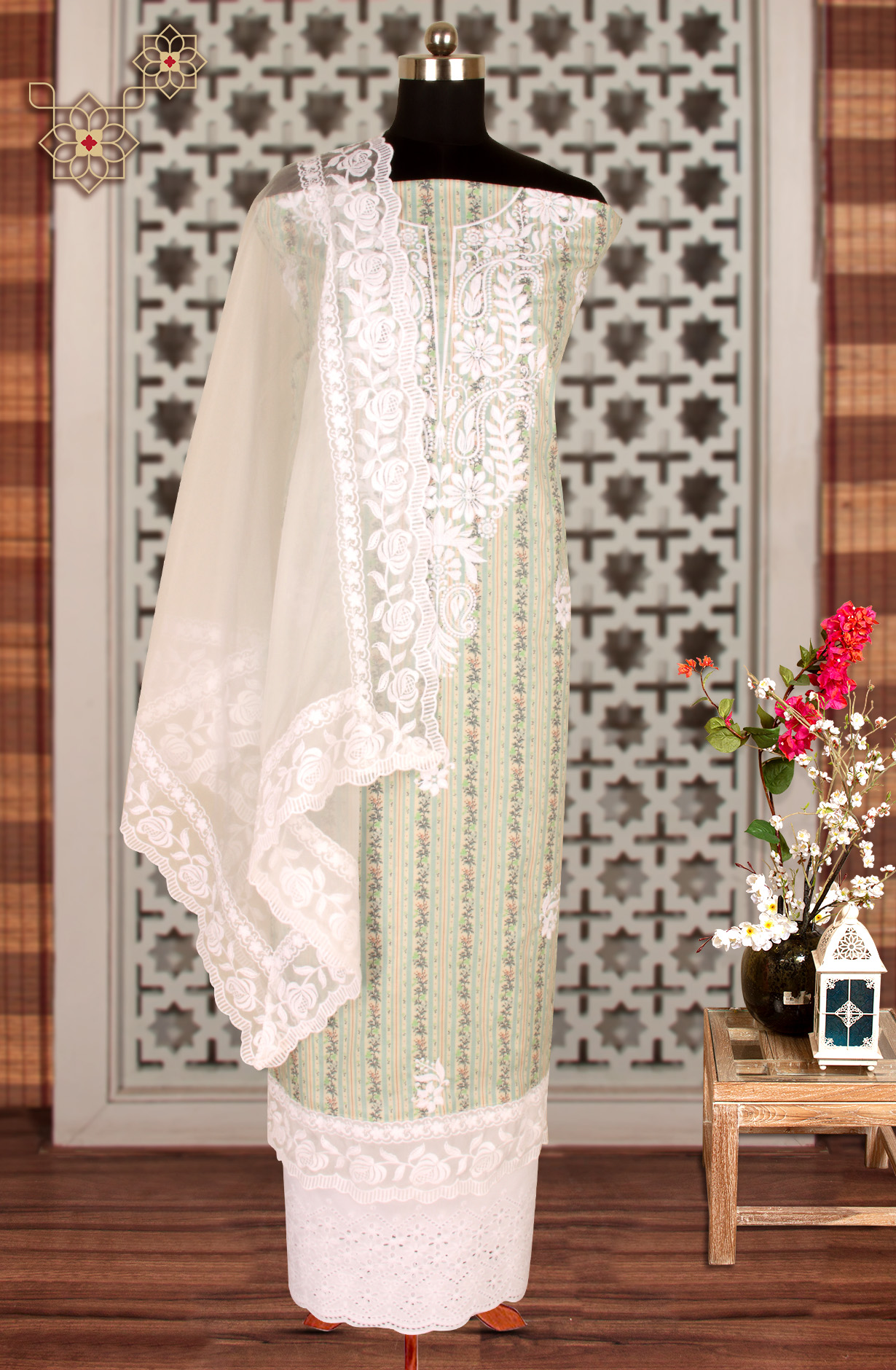 Green Cotton Beautiful Embroidered Suit with Organza Dupatta - USPMUS1001B