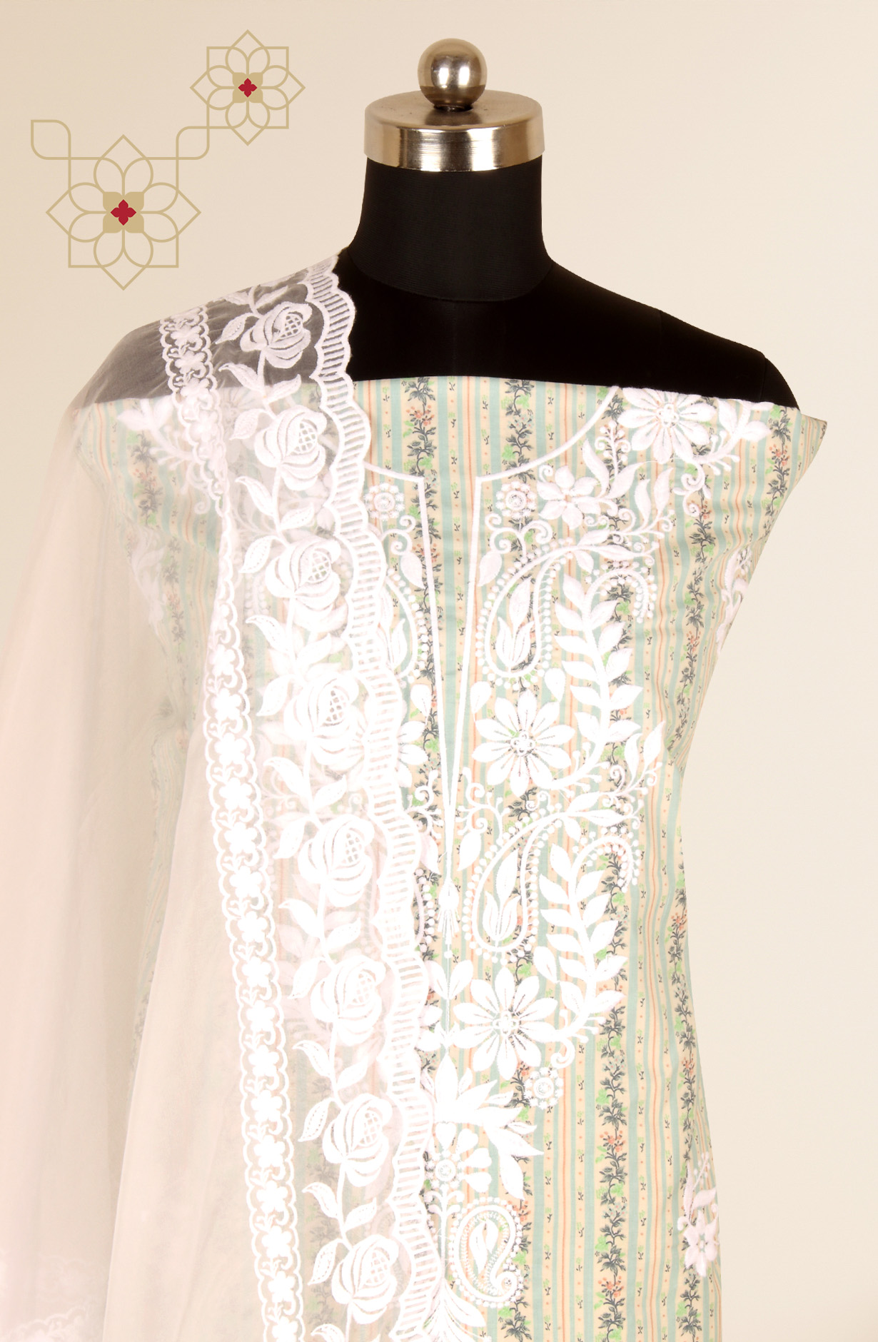 Green Cotton Beautiful Embroidered Suit with Organza Dupatta - USPMUS1001B