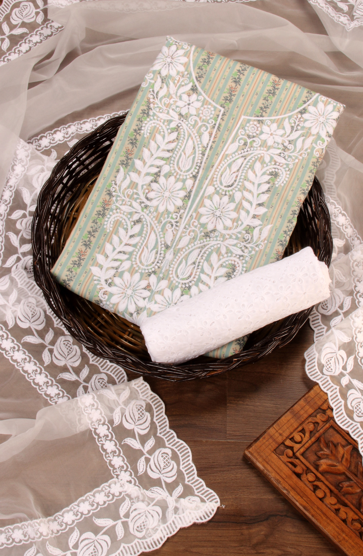 Green Cotton Beautiful Embroidered Suit with Organza Dupatta - USPMUS1001B