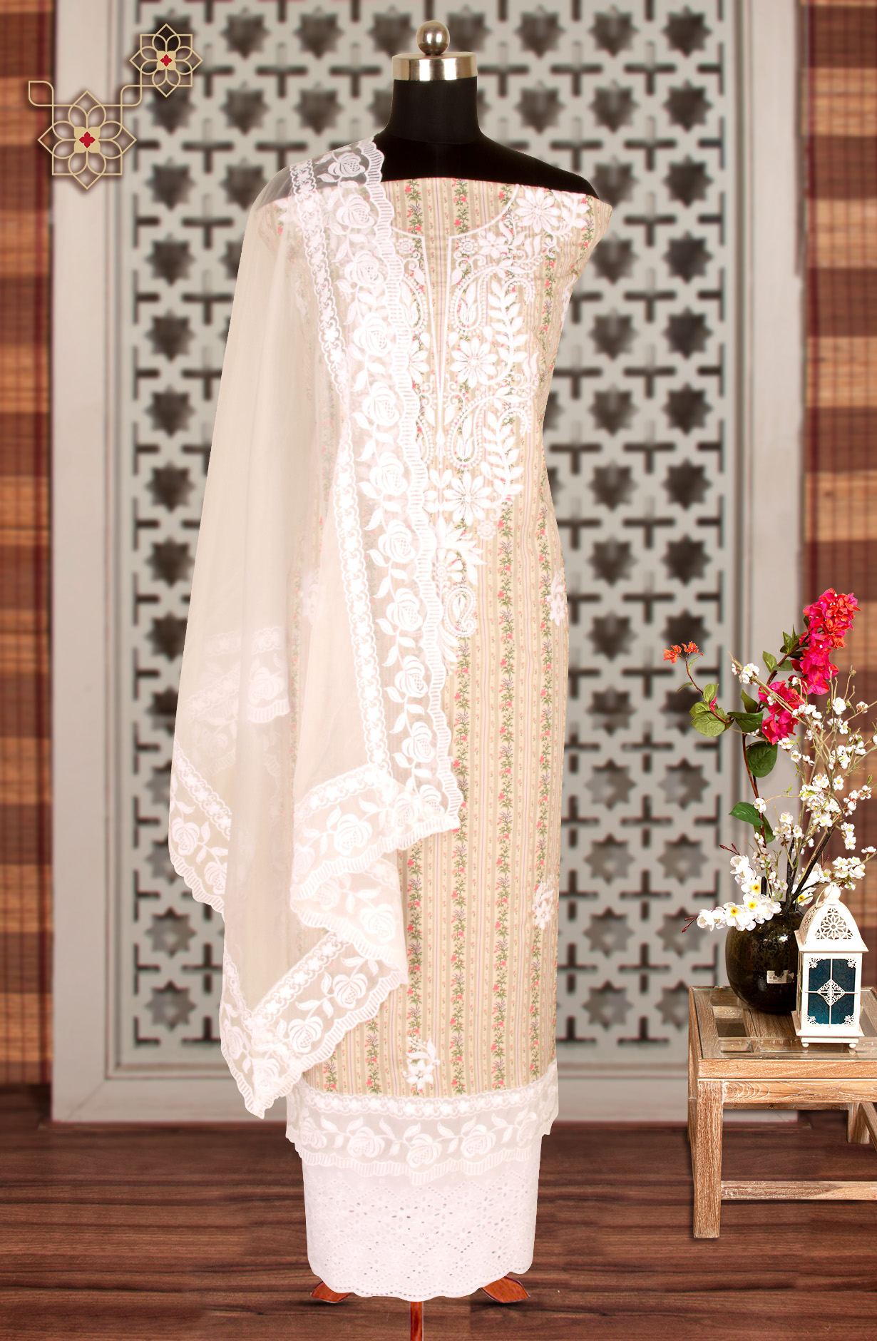 Beige Cotton Beautiful Embroidered Suit with Organza Dupatta - USPMUS1001C