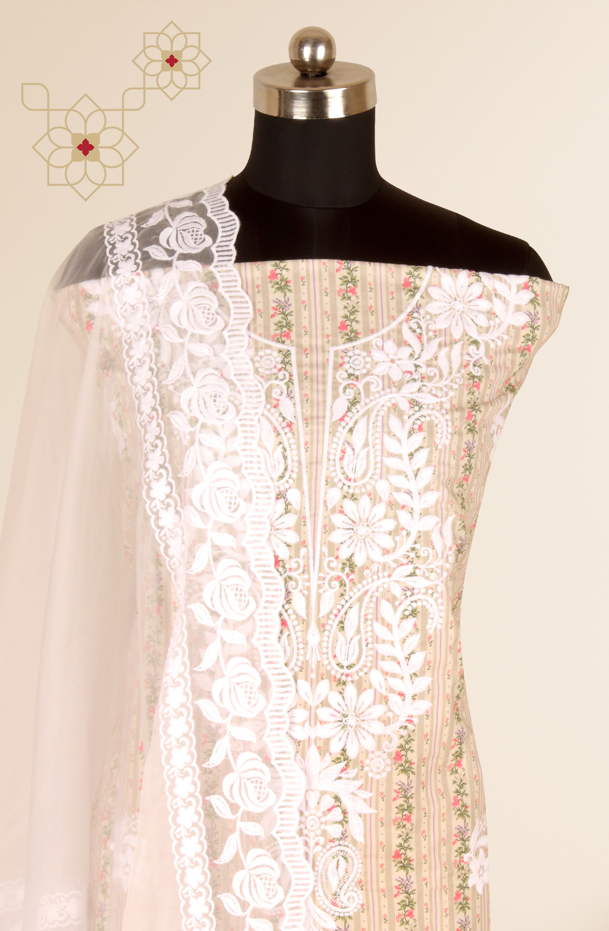 Beige Cotton Beautiful Embroidered Suit with Organza Dupatta - USPMUS1001C