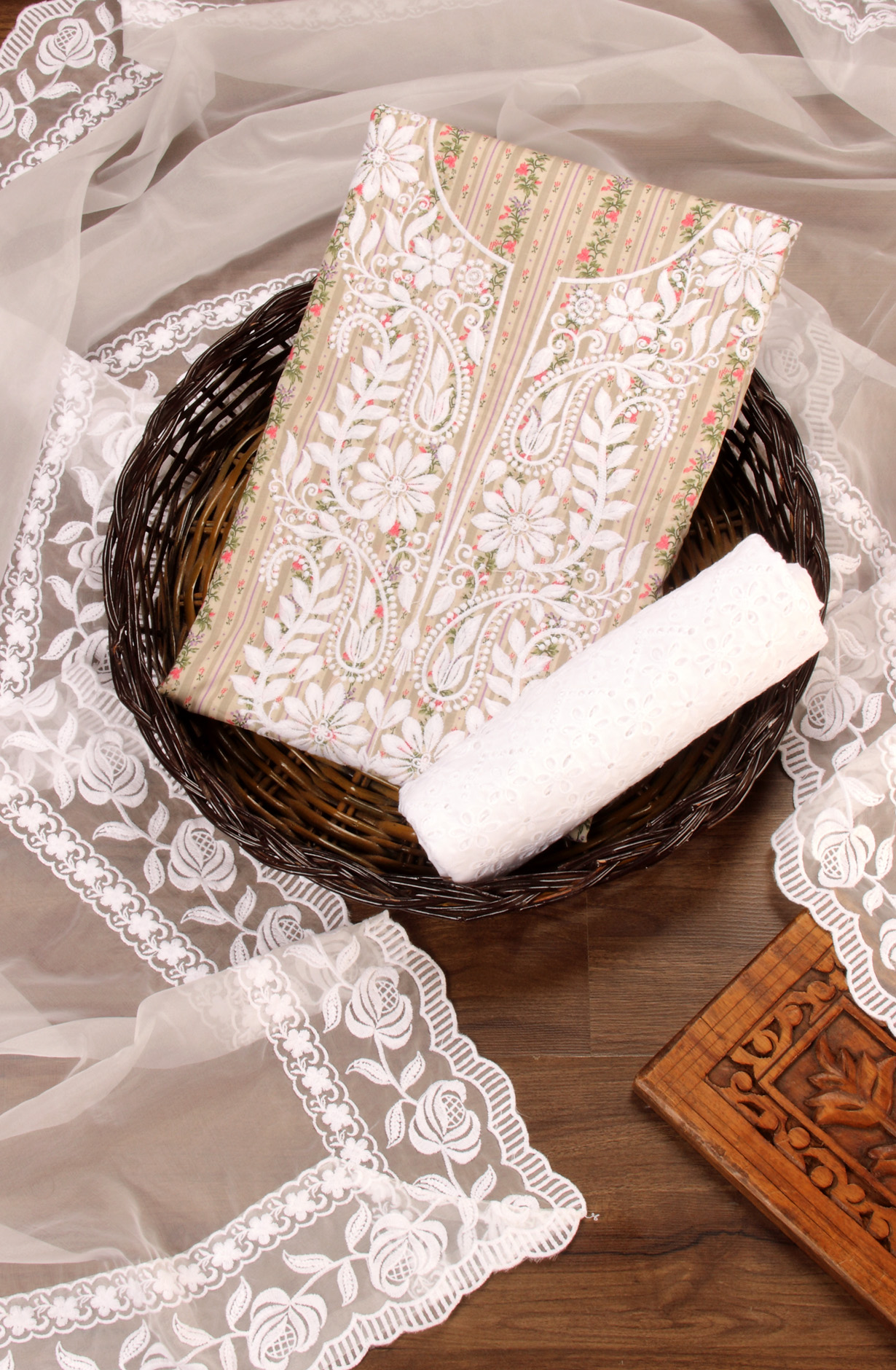 Beige Cotton Beautiful Embroidered Suit with Organza Dupatta - USPMUS1001C