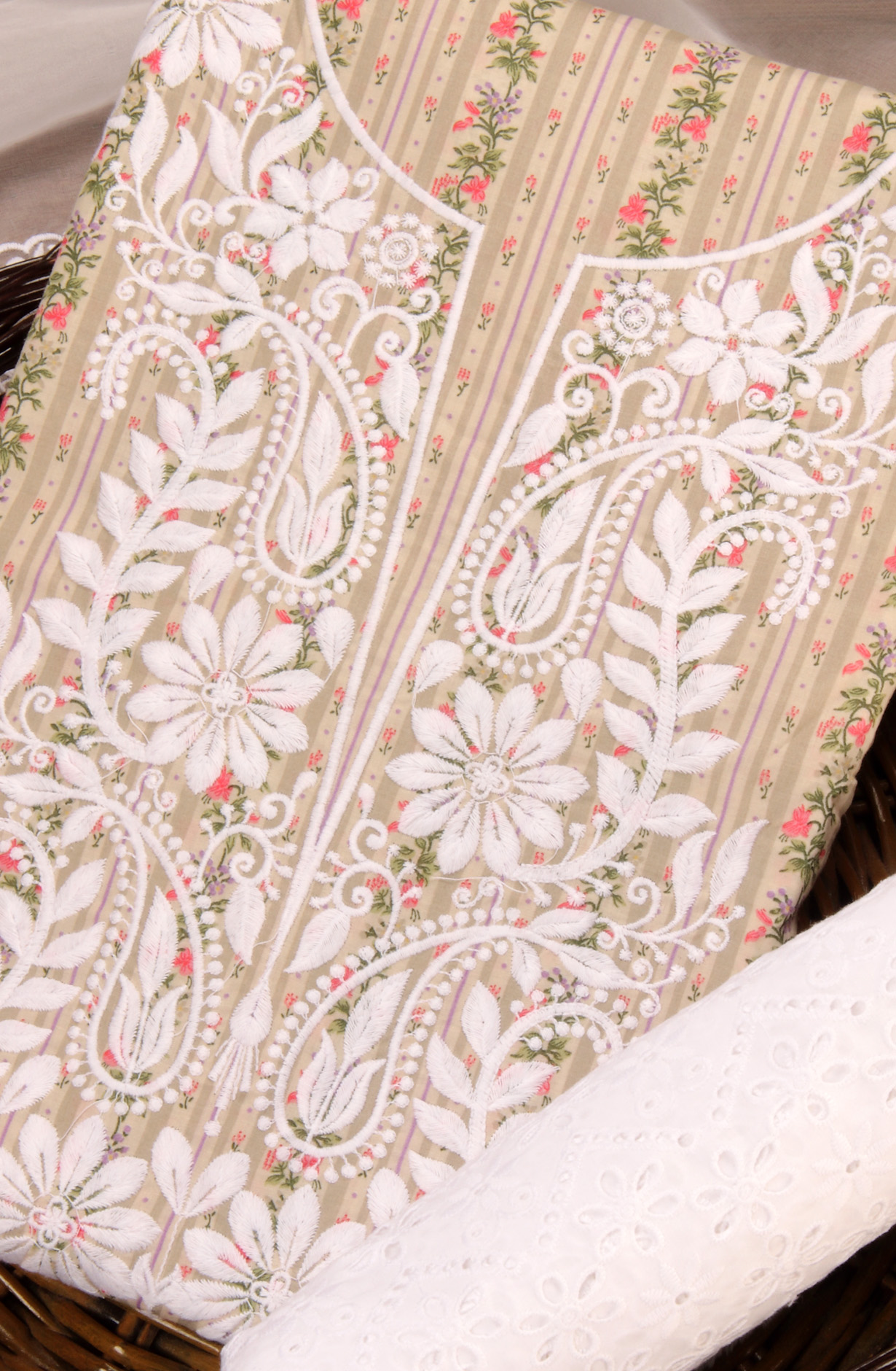 Beige Cotton Beautiful Embroidered Suit with Organza Dupatta - USPMUS1001C