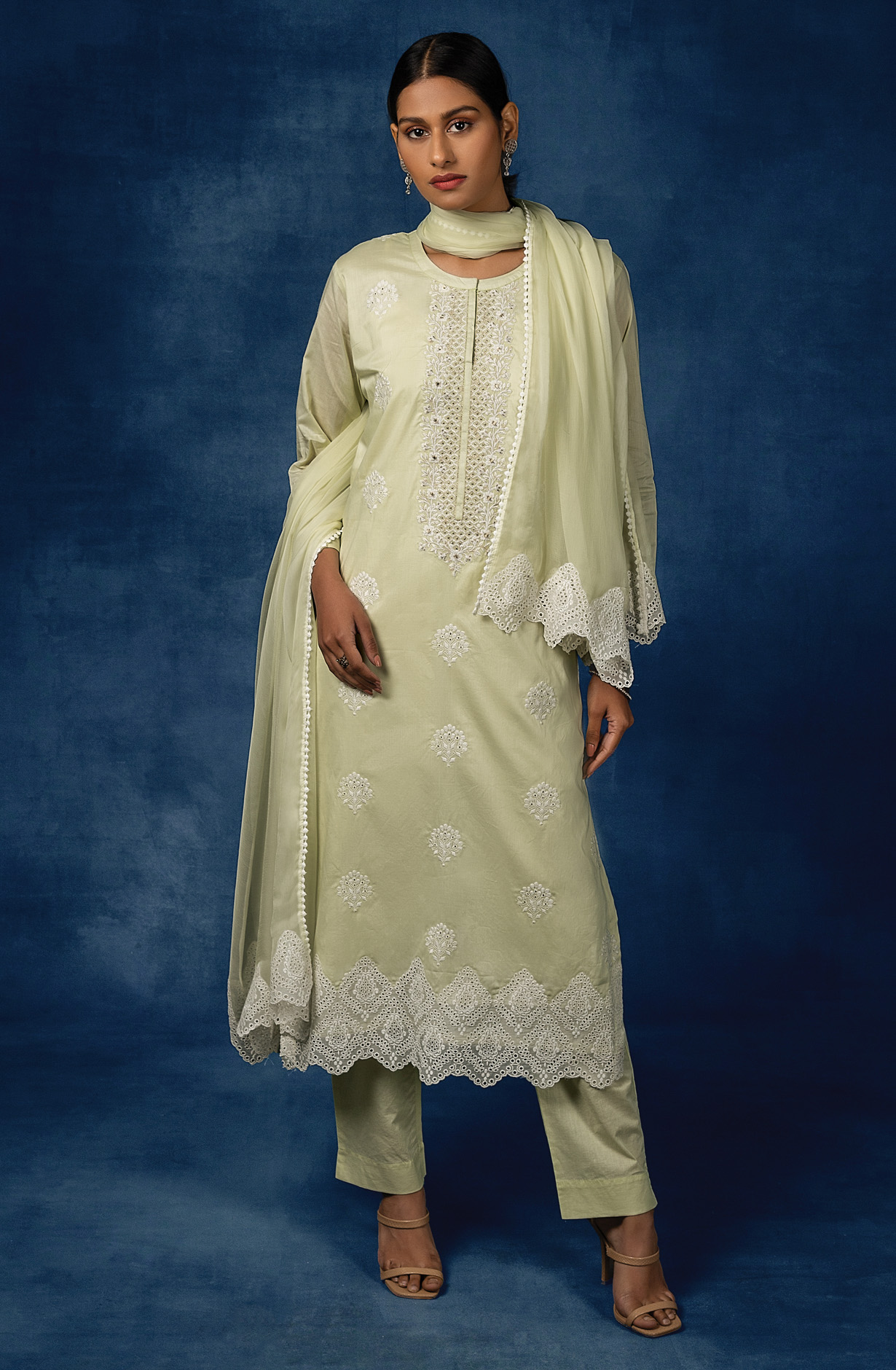 Pista Green Beautiful Cotton Embroidered Salwar Kameez with Chiffon Dupatta - VAA1790A