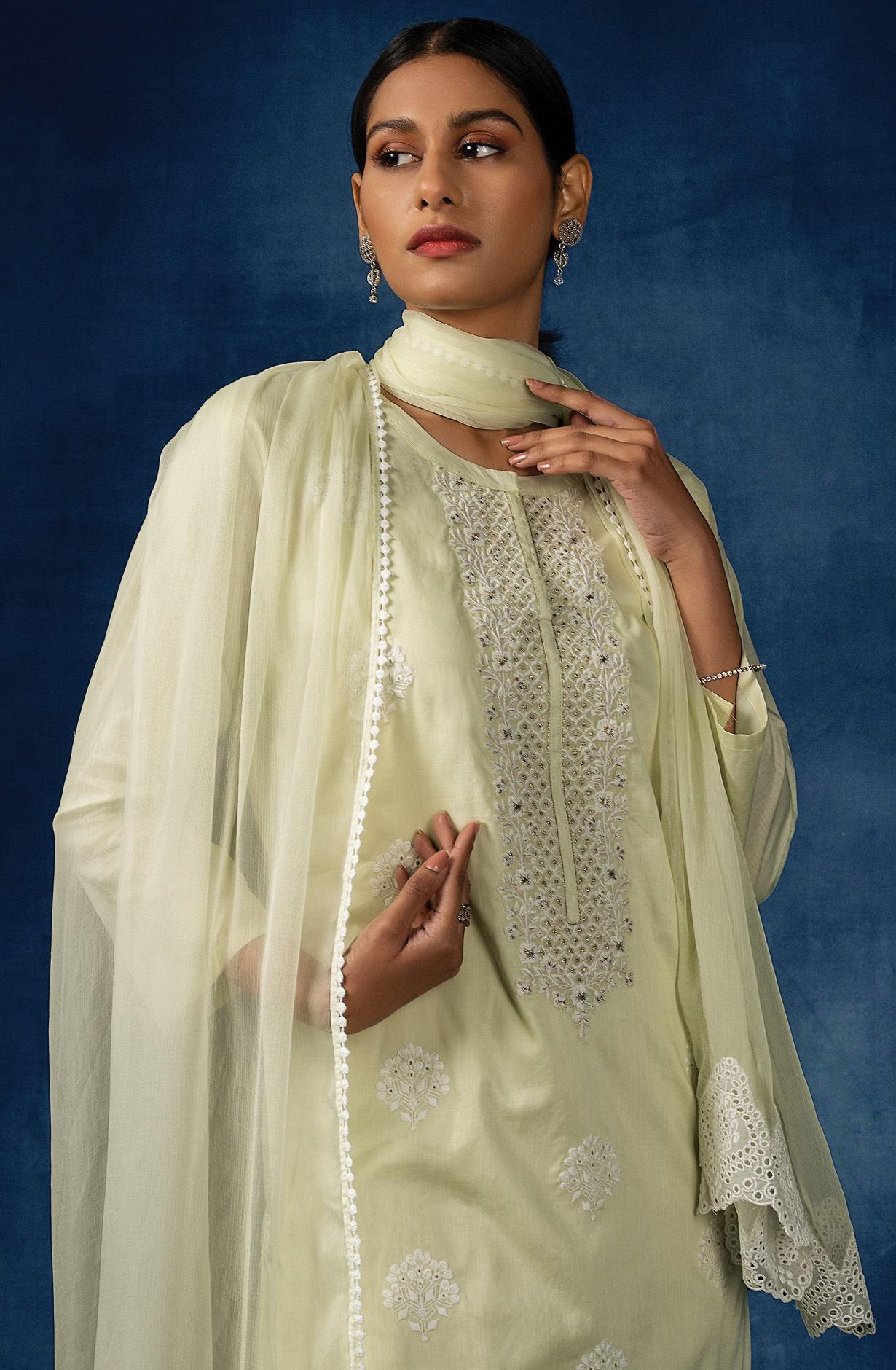 Pista Green Beautiful Cotton Embroidered Salwar Kameez with Chiffon Dupatta - VAA1790A